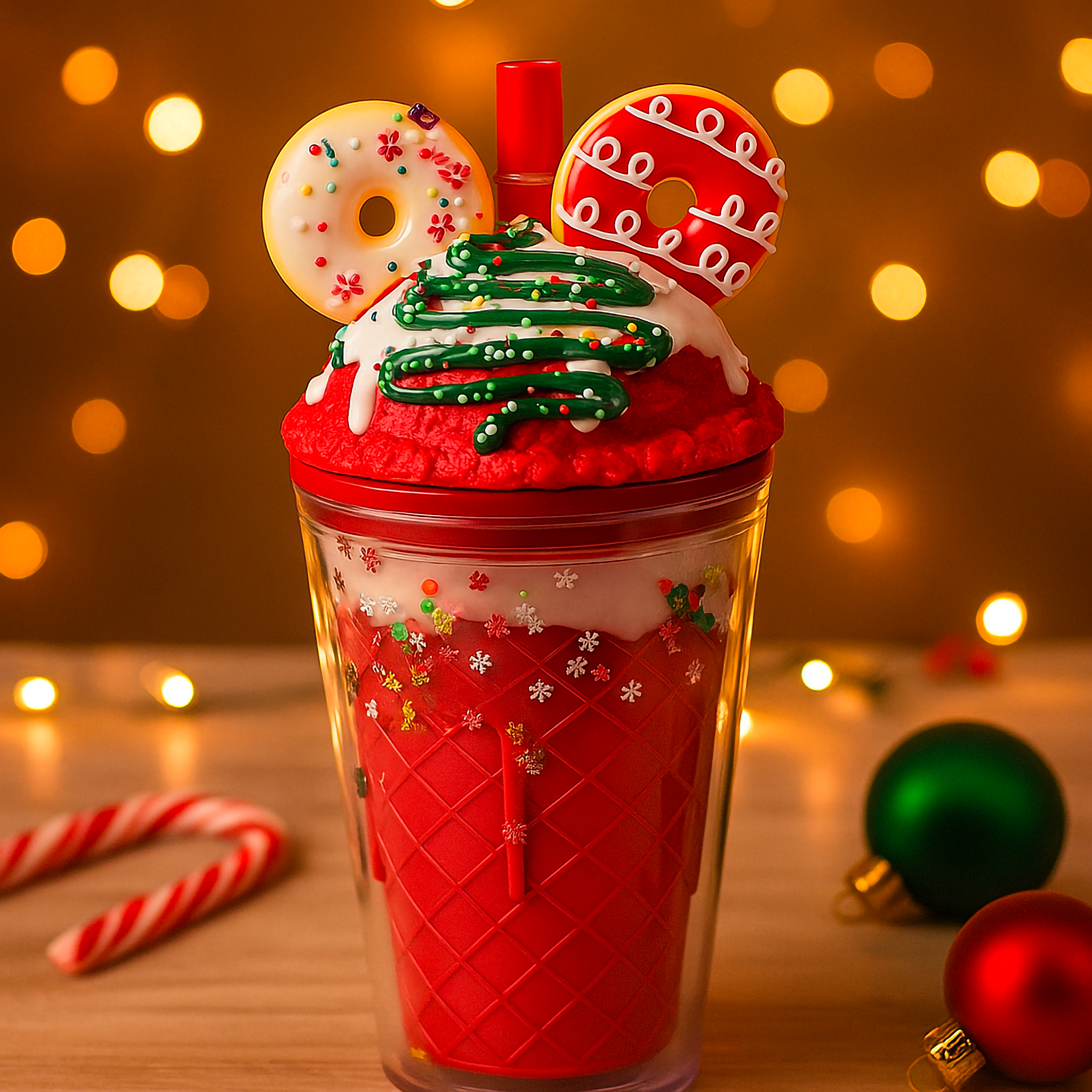 A Luxe & Humble Frosted Donut Delight Christmas Sundae Tumbler topped with red whipped frosting, donut decorations, and green icing detail. Surrounded by candy canes and ornaments, this reusable 502ml festive tumbler shines with a warm holiday glow — perfect for adding a touch of joy to any Australian Christmas celebration.
