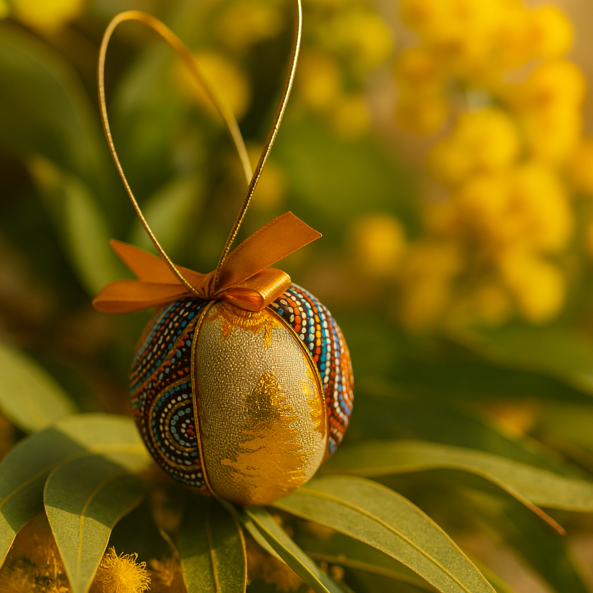 Handcrafted Aboriginal fabric bauble with gold reindeer motif and satin ribbon, photographed with golden fairy lights by Luxe & Humble. ( Australia ) 