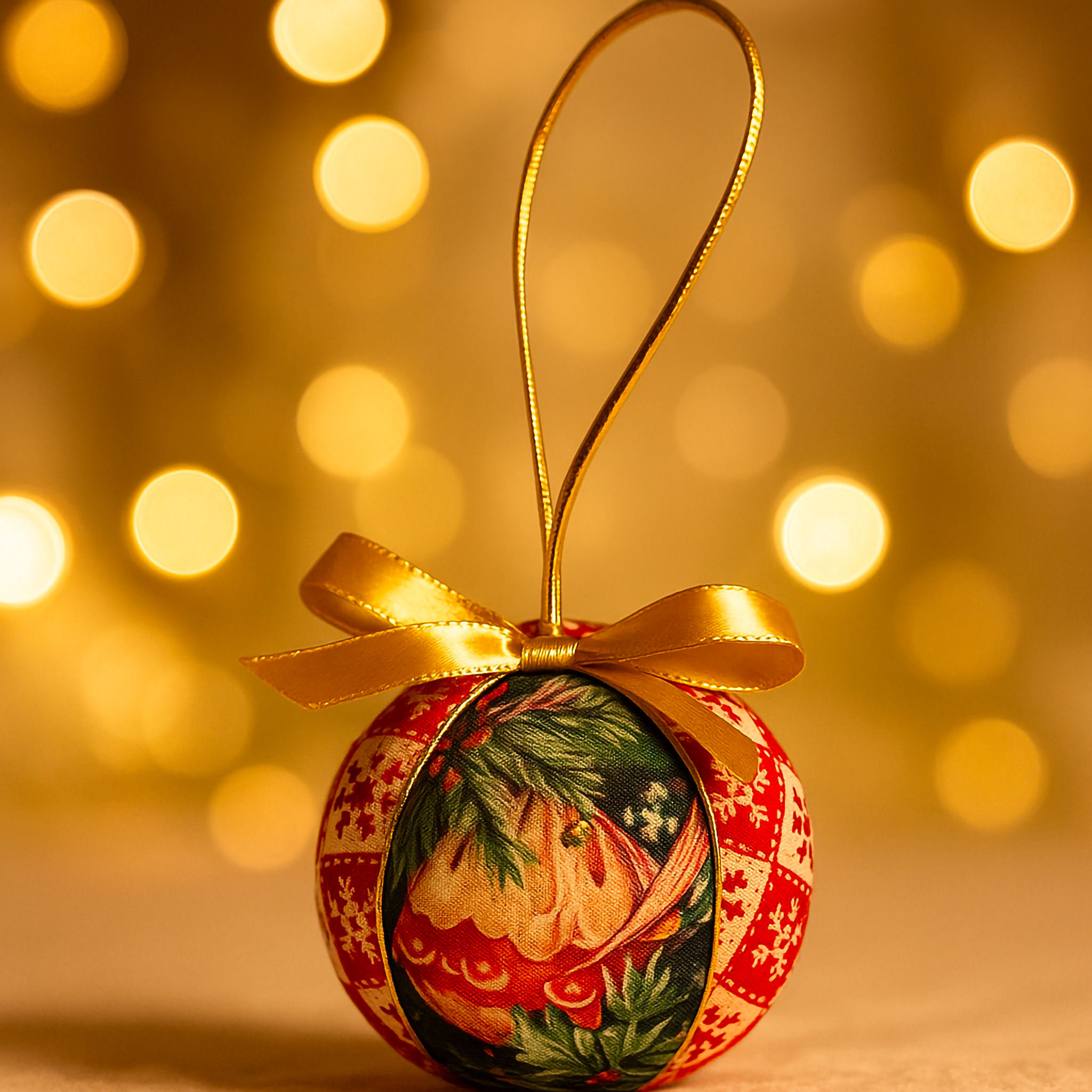 Handcrafted golden Christmas pudding bauble with red and white fabric, gold satin bow, and warm glowing background — made in Australia by Luxe & Humble.