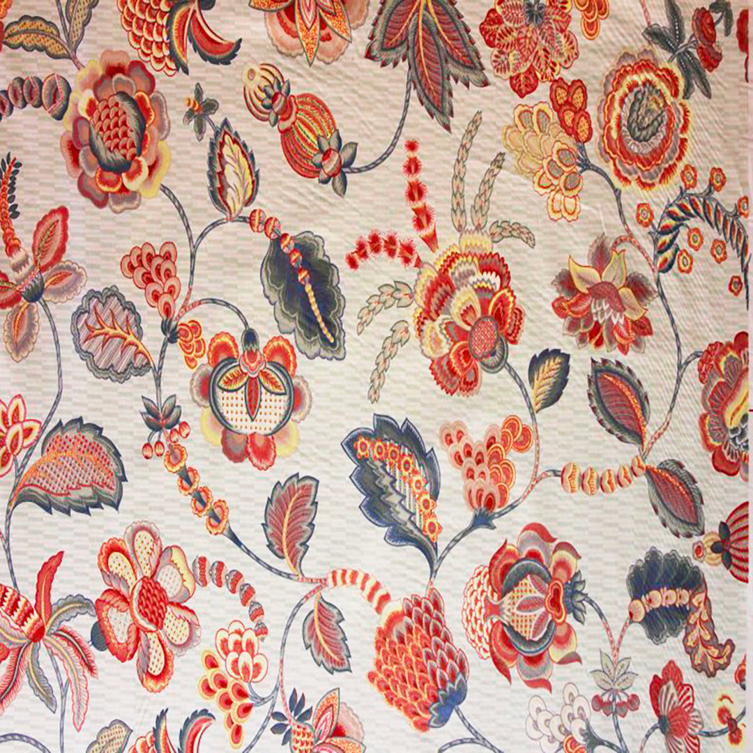 Hindustan Coral cotton blend fabric with vibrant floral print in coral and blue, ideal for upholstery and home décor by Luxe & Humble.