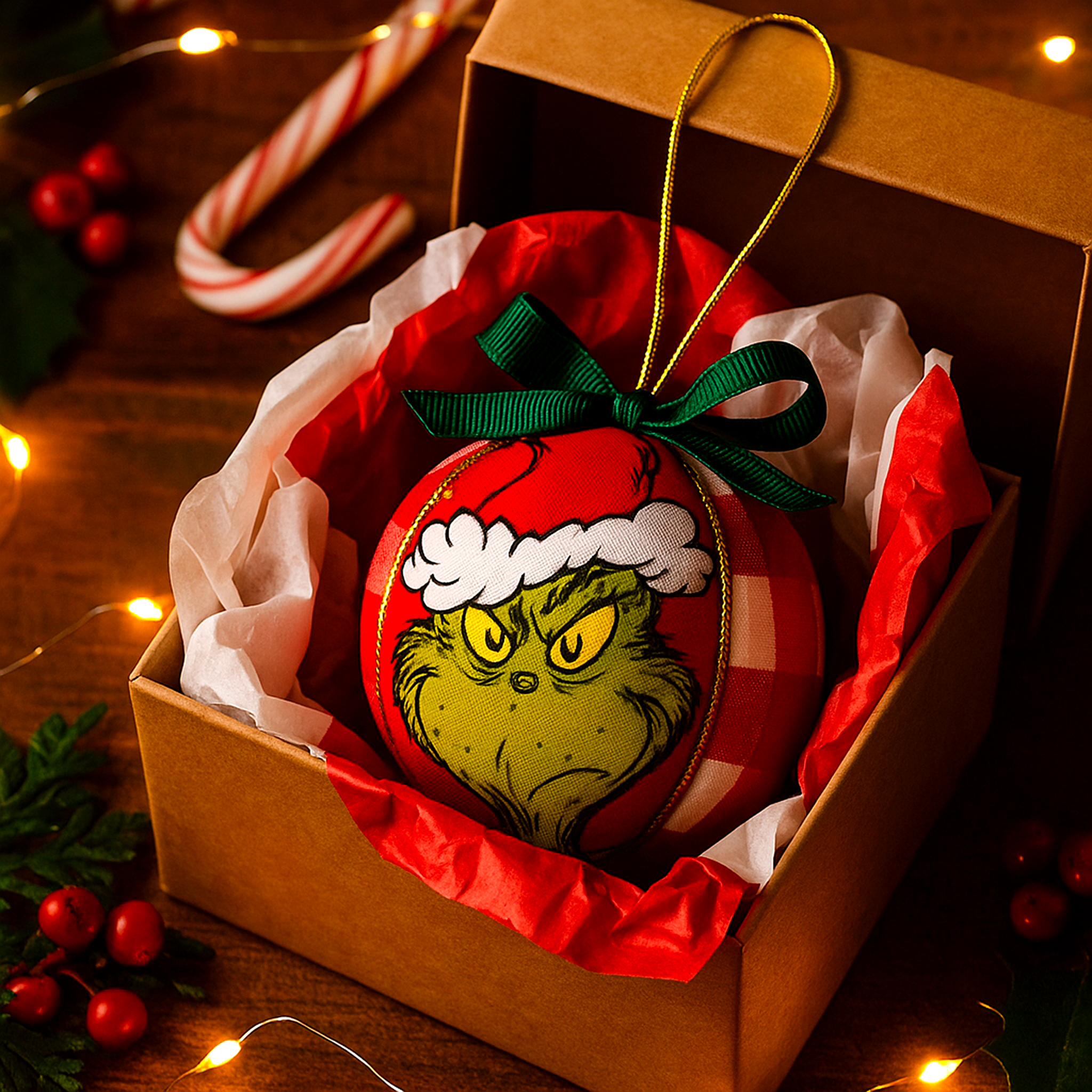 A handmade Christmas bauble featuring the iconic Grinch face, wrapped with a festive green bow and presented in a brown gift box with red tissue paper. Perfect holiday décor from Luxe & Humble’s Christmas Collection. Ideal for adding a touch of fun and whimsy to your Christmas tree.
