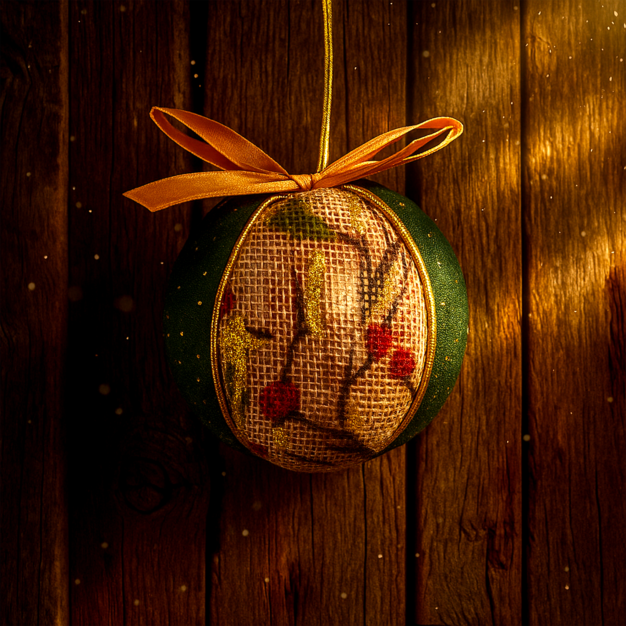 Rustic handmade green & gold Christmas bauble by Luxe & Humble Australia. Hessian texture, gold bow & festive charm for your holiday décor.