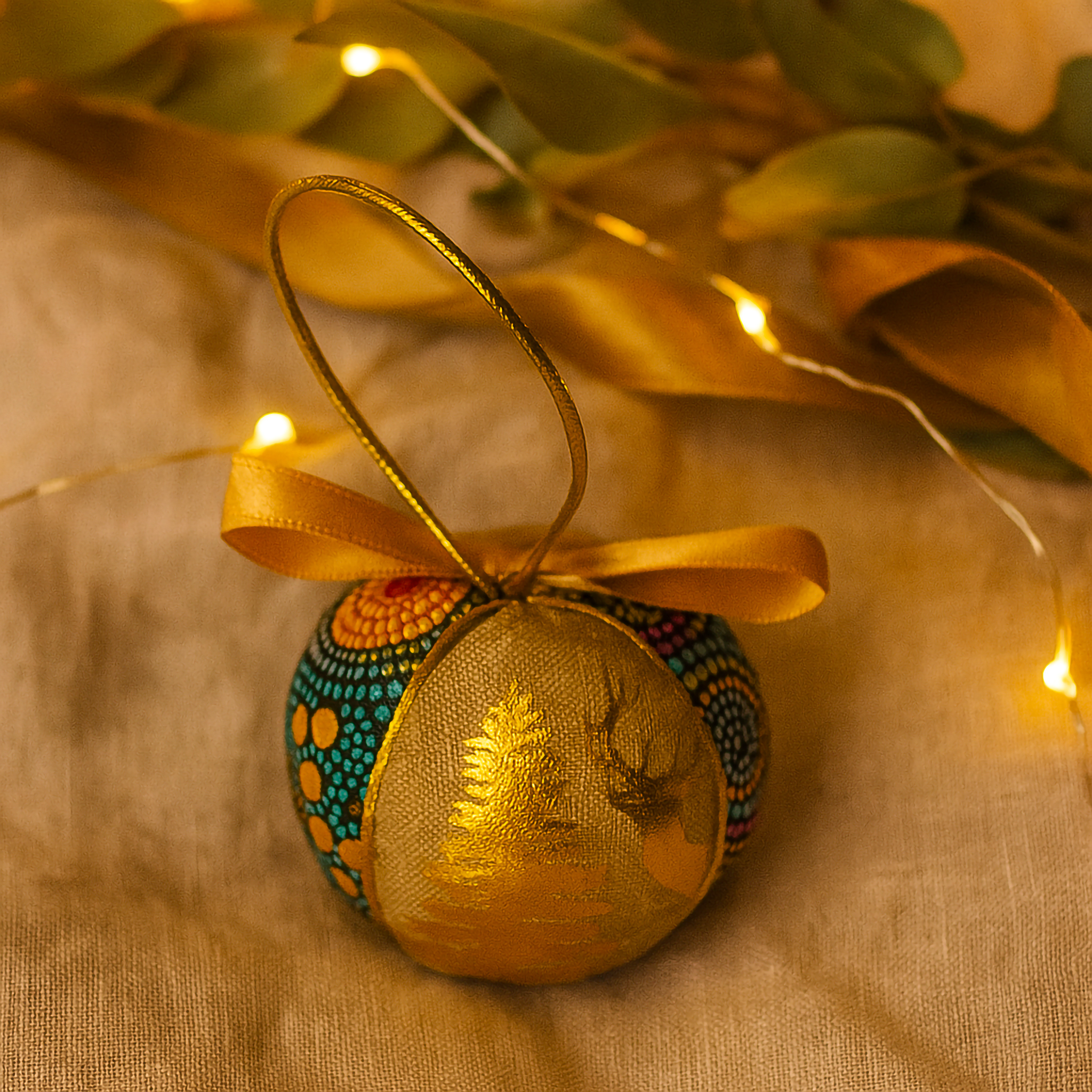 “Heritage Gold Aboriginal Christmas Bauble on linen background with gold ribbon and warm fairy lights – Luxe & Humble handcrafted Australian ornament.”