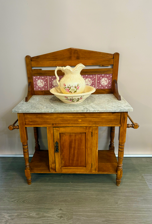 Antique Marble-Top Washstand with Floral Basin Pitcher