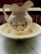 Antique Marble-Top Washstand with Floral Basin Pitcher