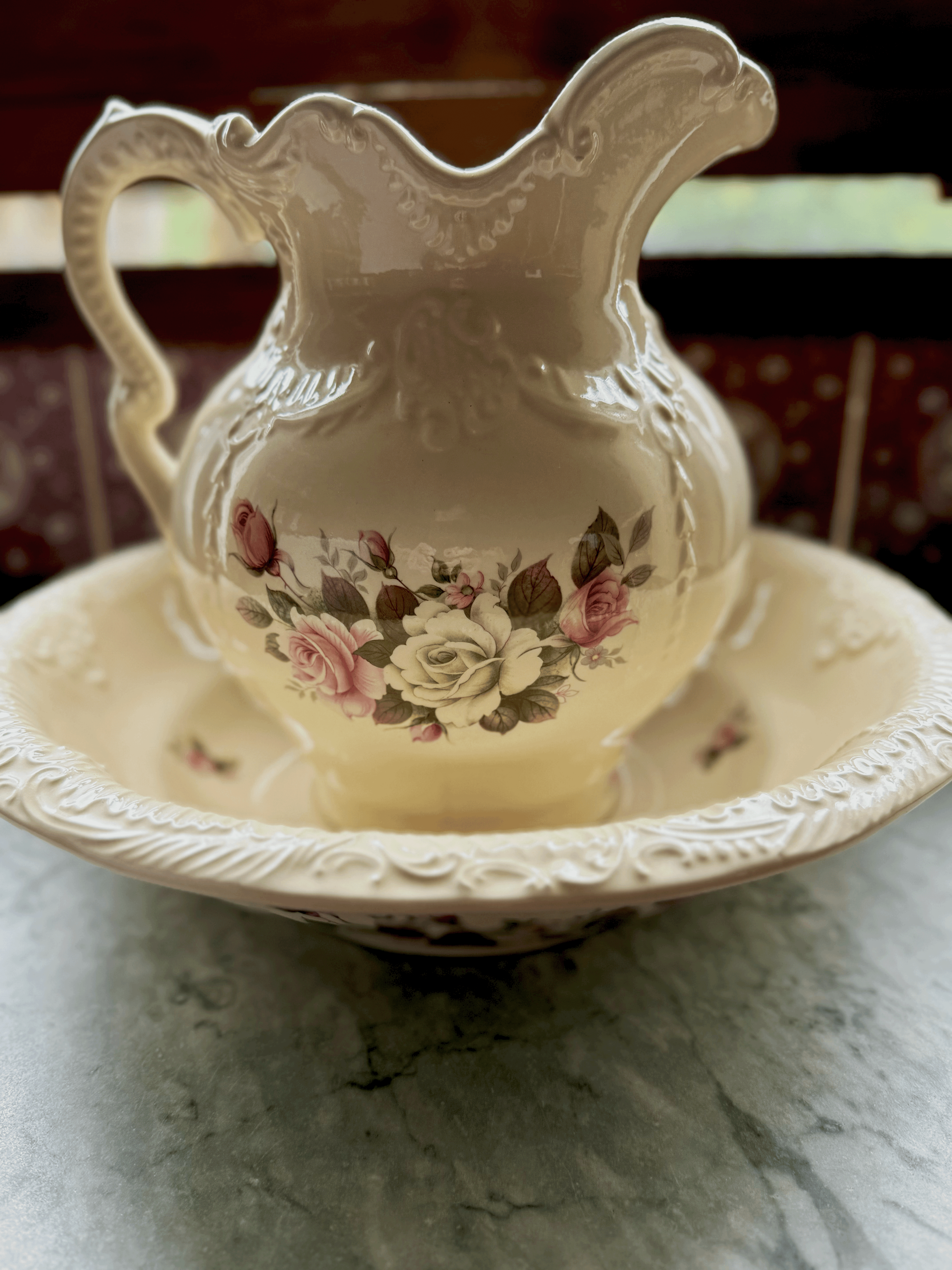 Antique Marble-Top Washstand with Floral Basin Pitcher