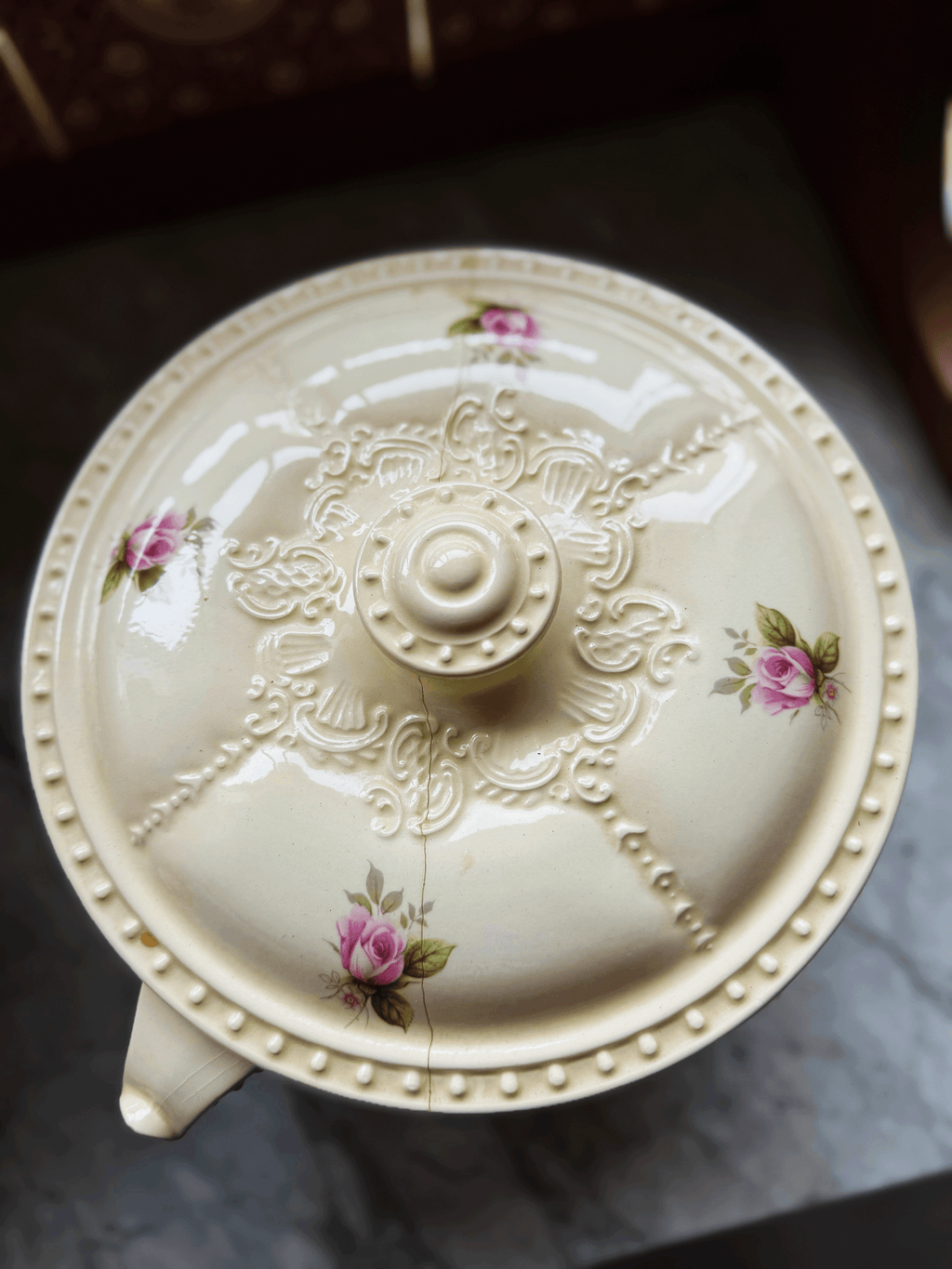 Antique Marble-Top Washstand with Floral Basin Pitcher