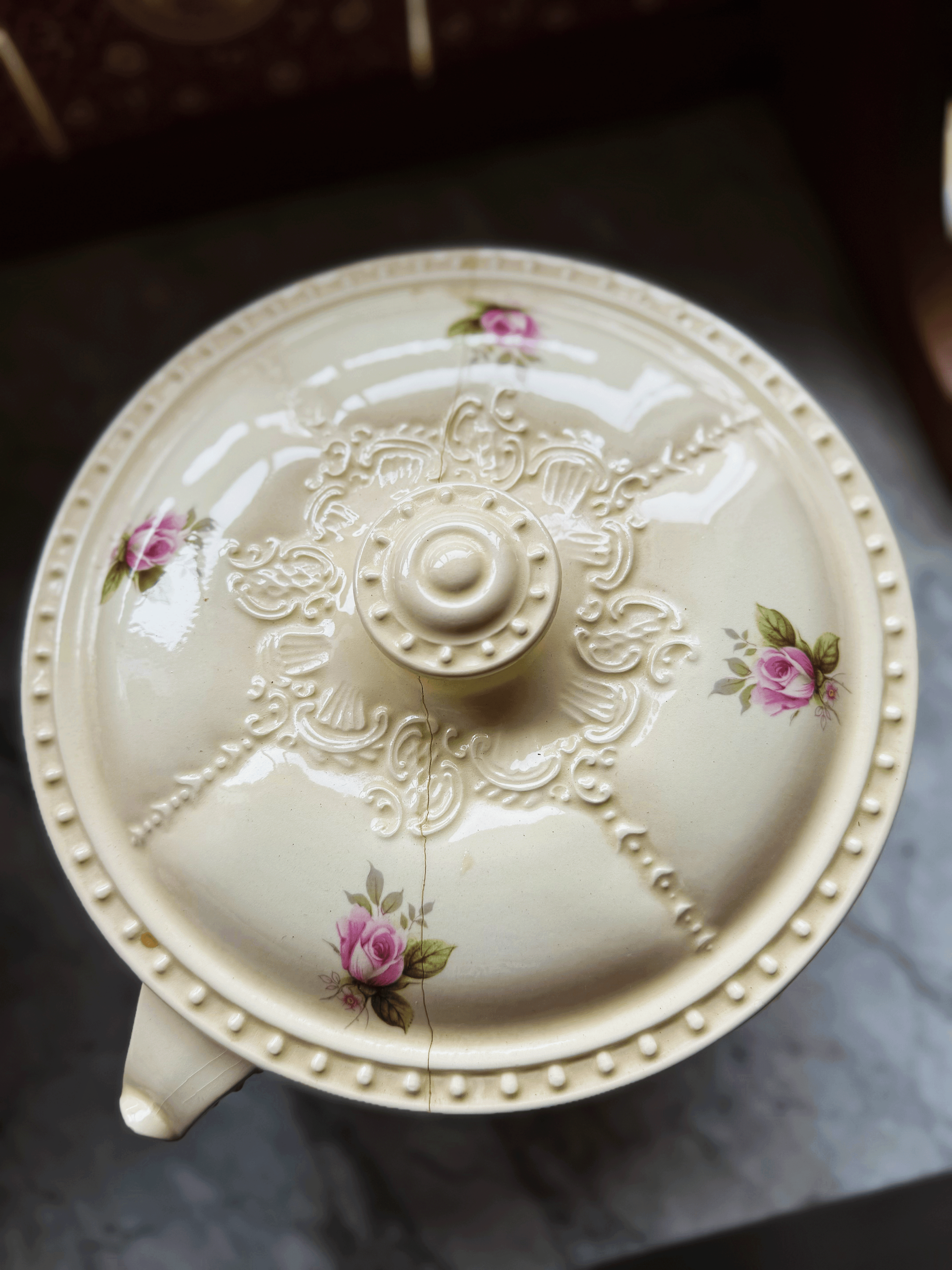 Antique Marble-Top Washstand with Floral Basin Pitcher