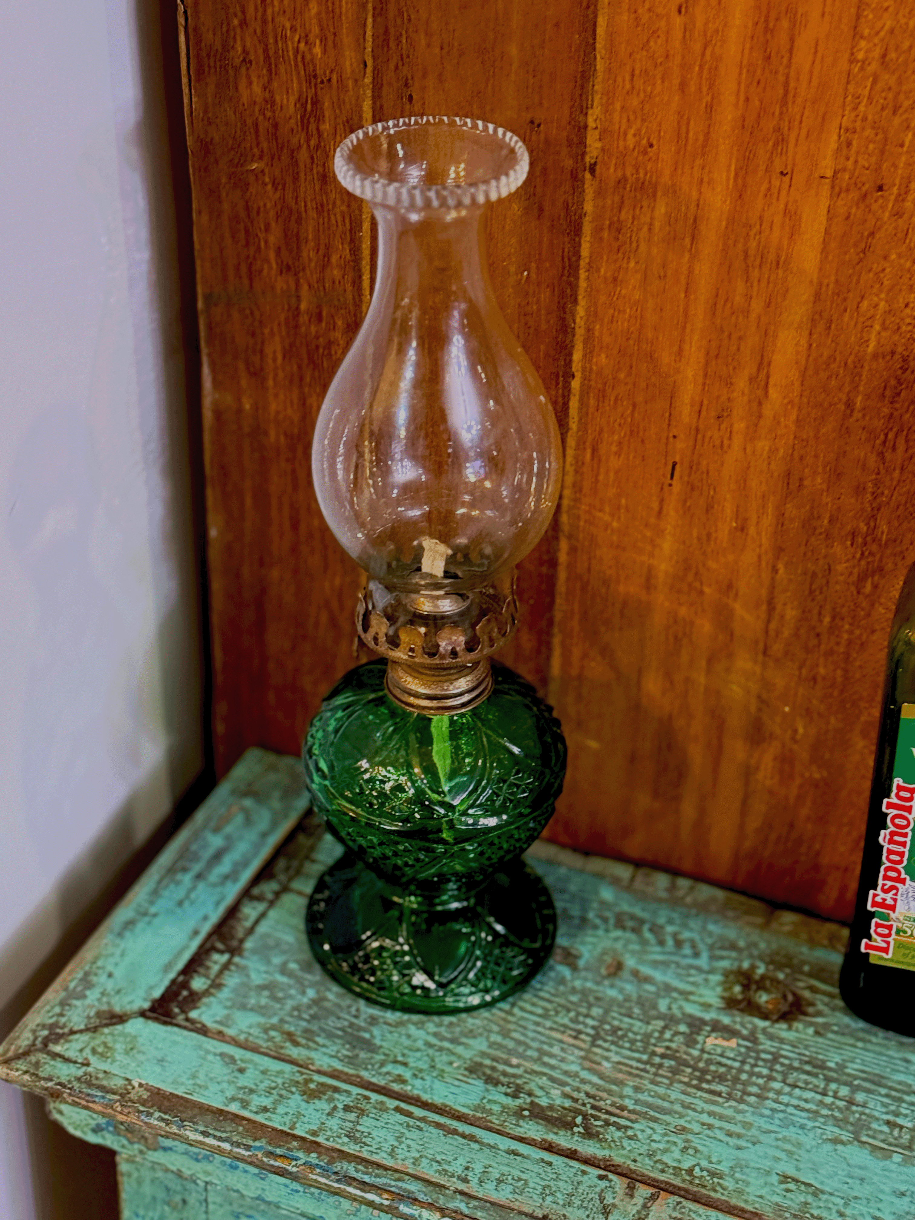 🕯️ Vintage Green Glass Kerosene Lamp – 1950s ✨