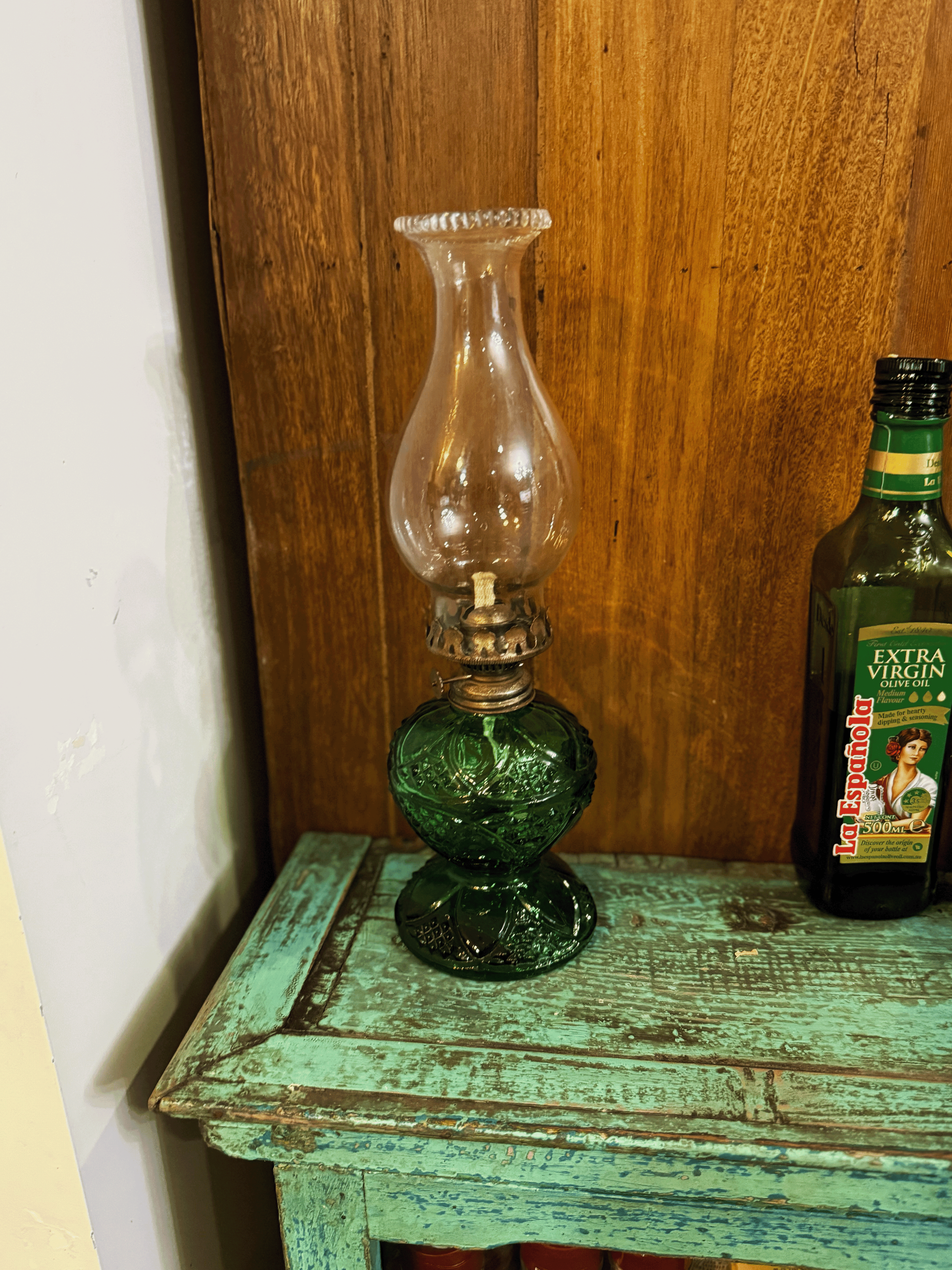 🕯️ Vintage Green Glass Kerosene Lamp – 1950s ✨