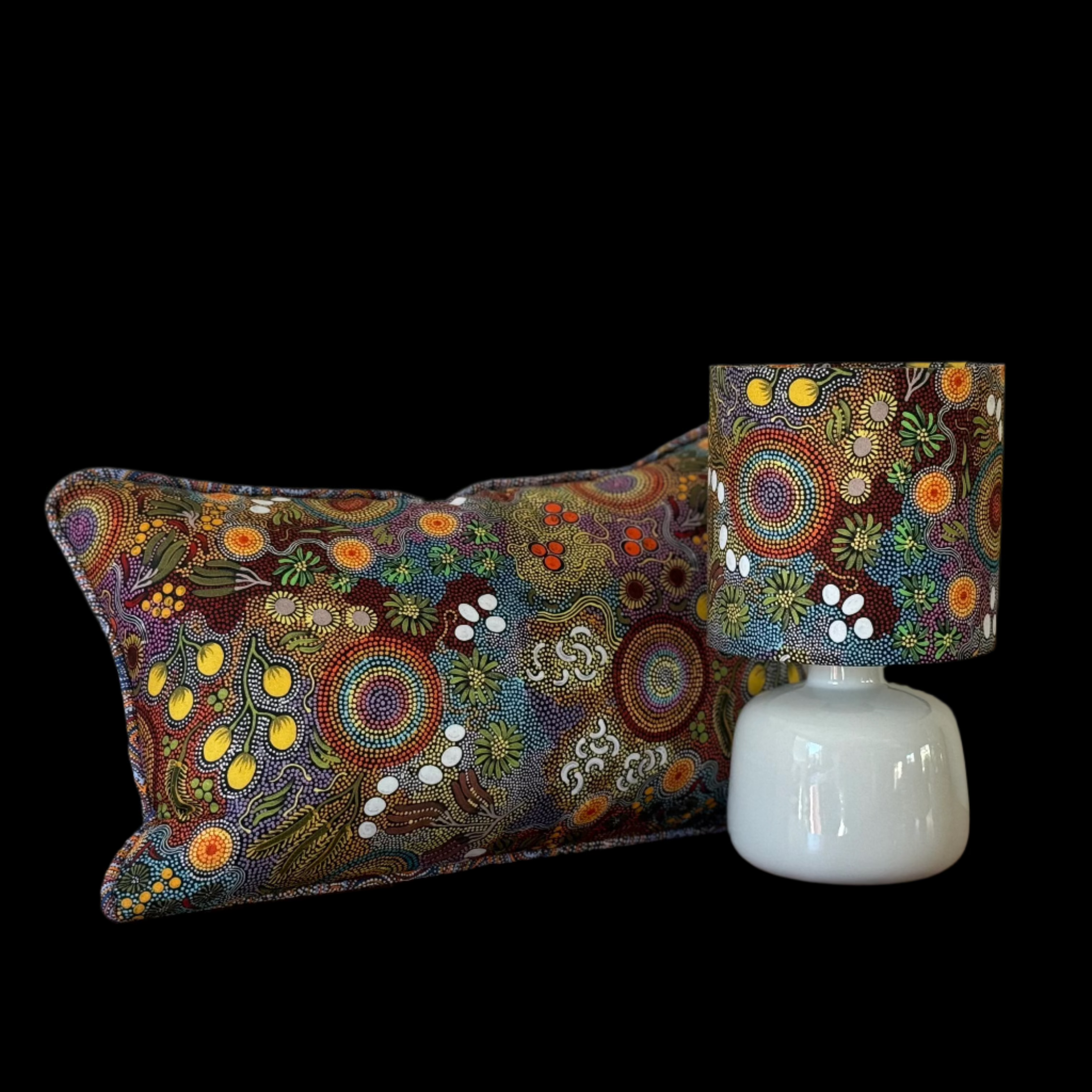 Aboriginal Cushion & Lampshade Set Featuring 'Budgerigar Dreaming' by Balarinji Julianne Turner Nungarri