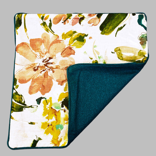 Bespoke Scatter Cushion featuring Teal, Green & Gold Watercolour floral print.