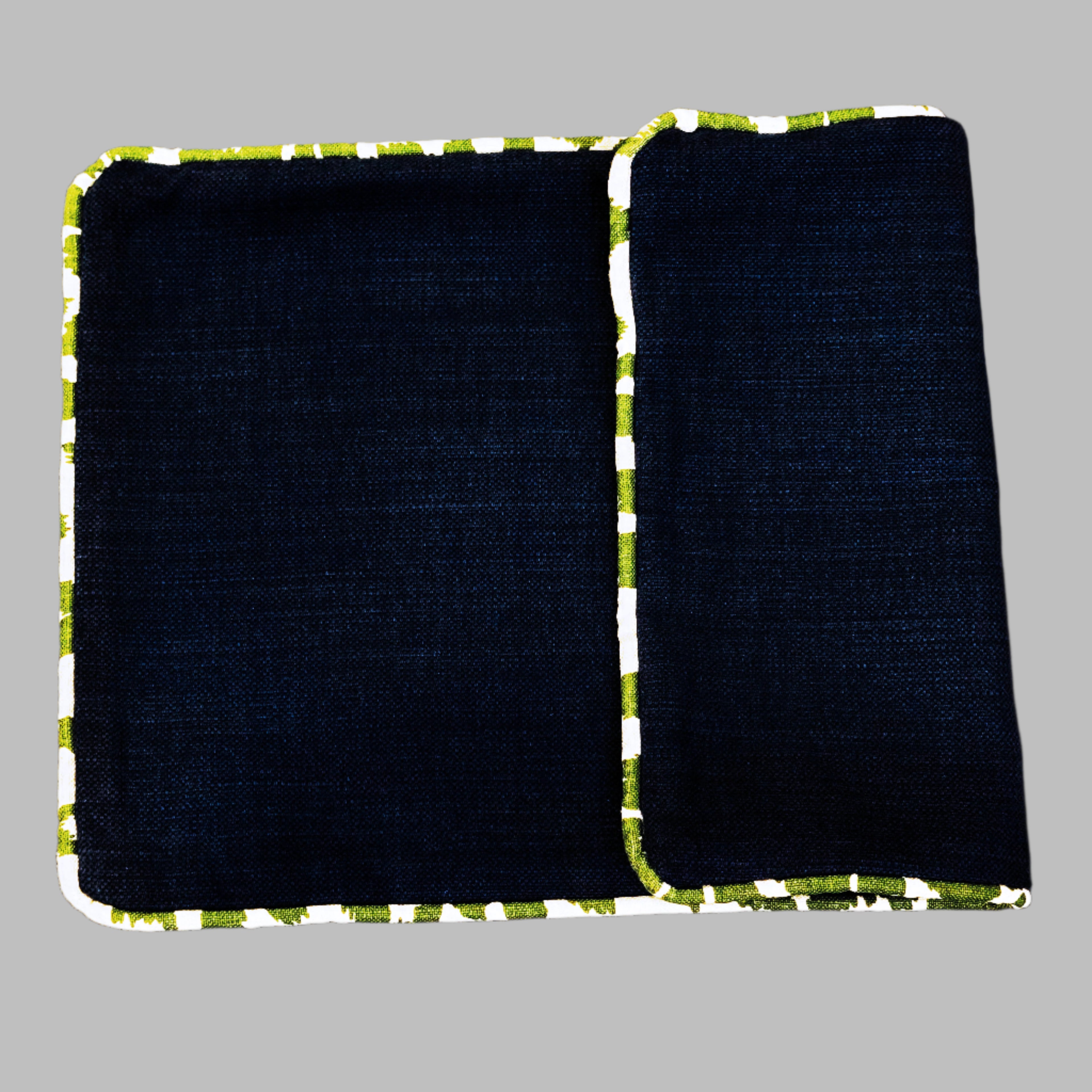 Bespoke Oblong Scatter Cushion in Denim with 'Iconic Leopard' Green piping