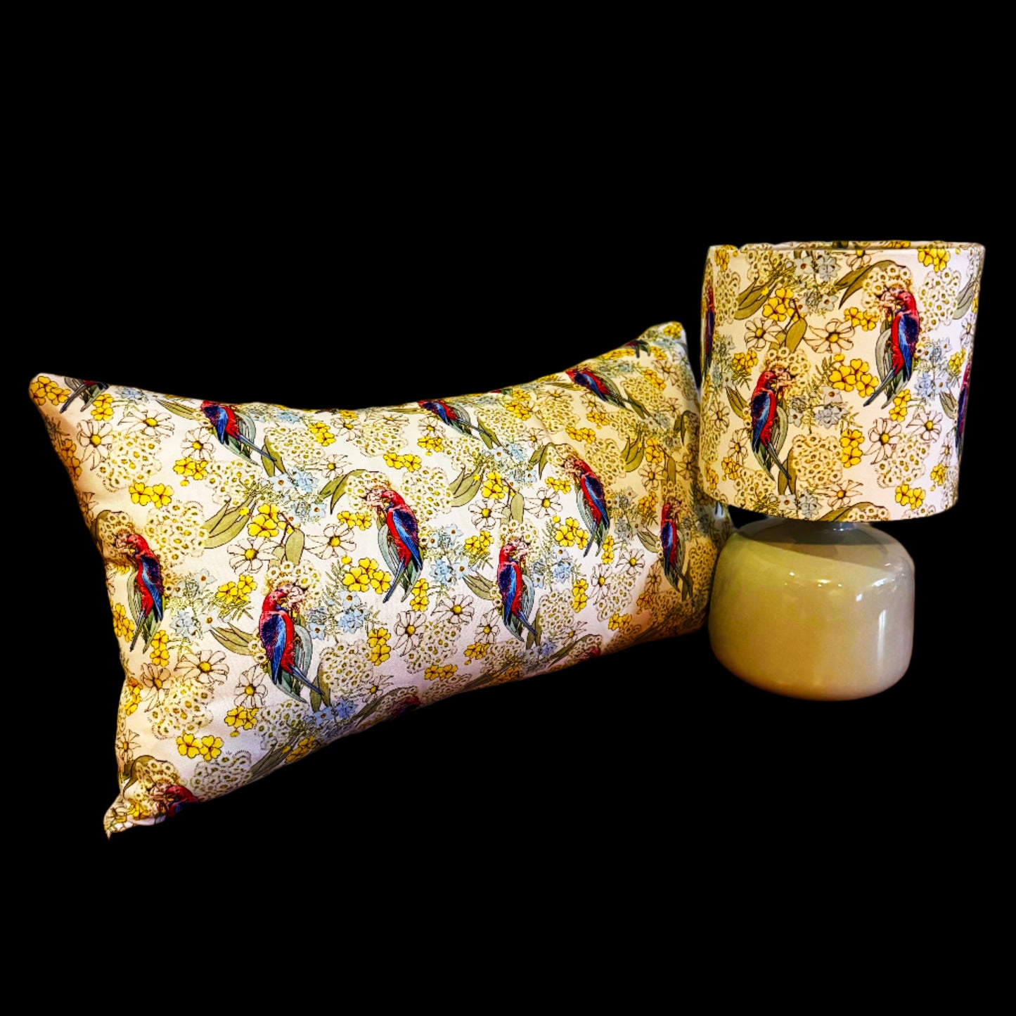 Bespoke Australian Native Bird and Floral Cushion and Lampshade Set