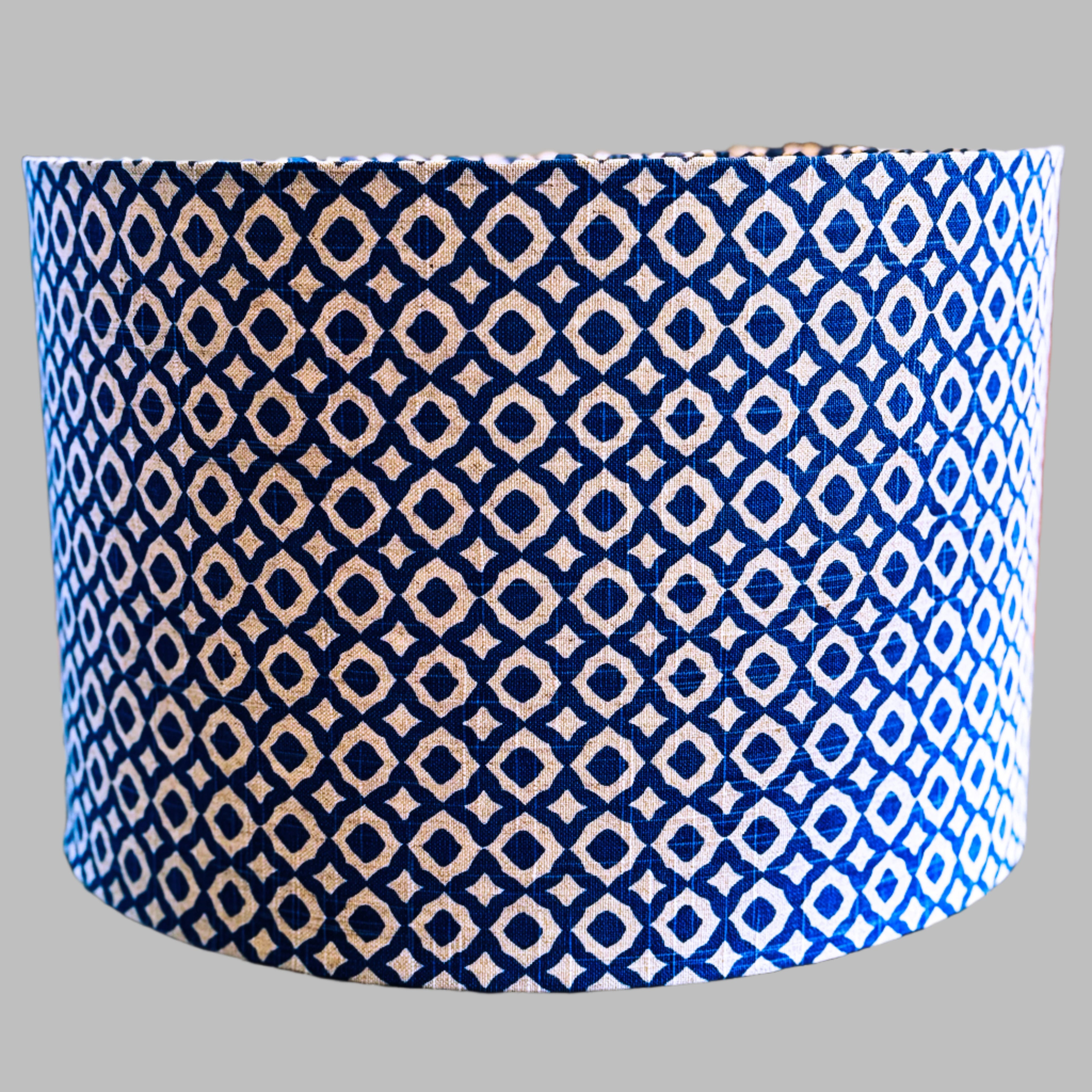 Beige & Dark Blue Geometric Print Linen Drum Lampshade – 40cm