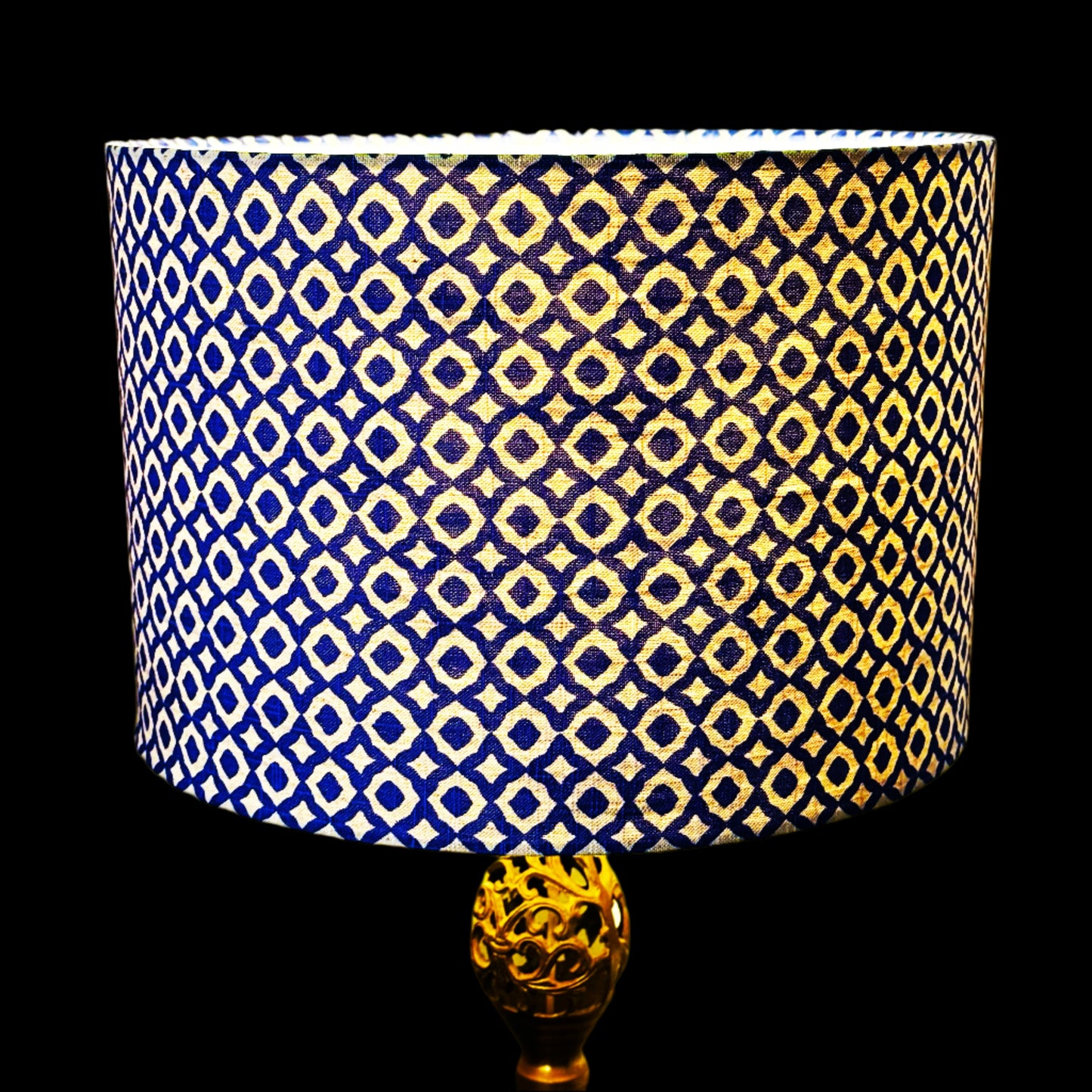 Linen Lampshade & Cushion Set – Geometric Print in Beige & Dark Blue