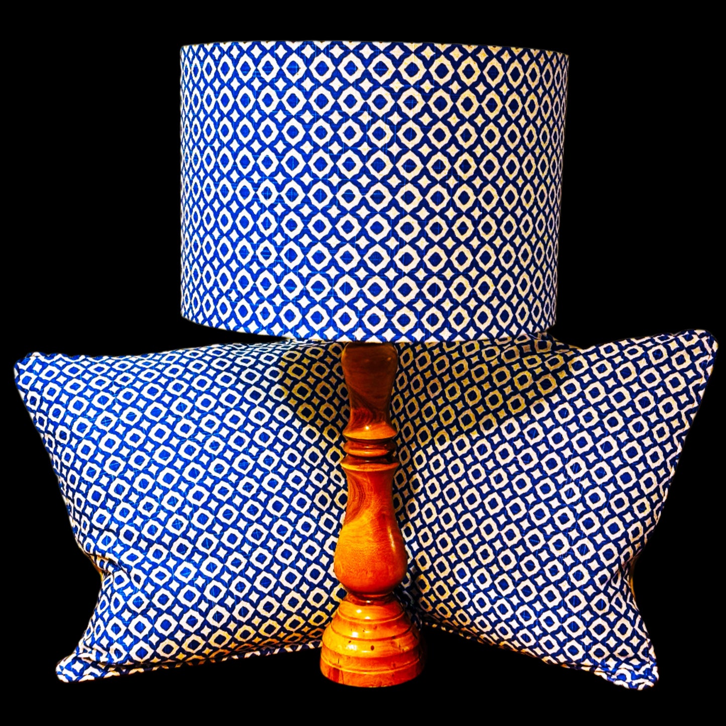 Linen Lampshade & Cushion Set – Geometric Print in Beige & Dark Blue