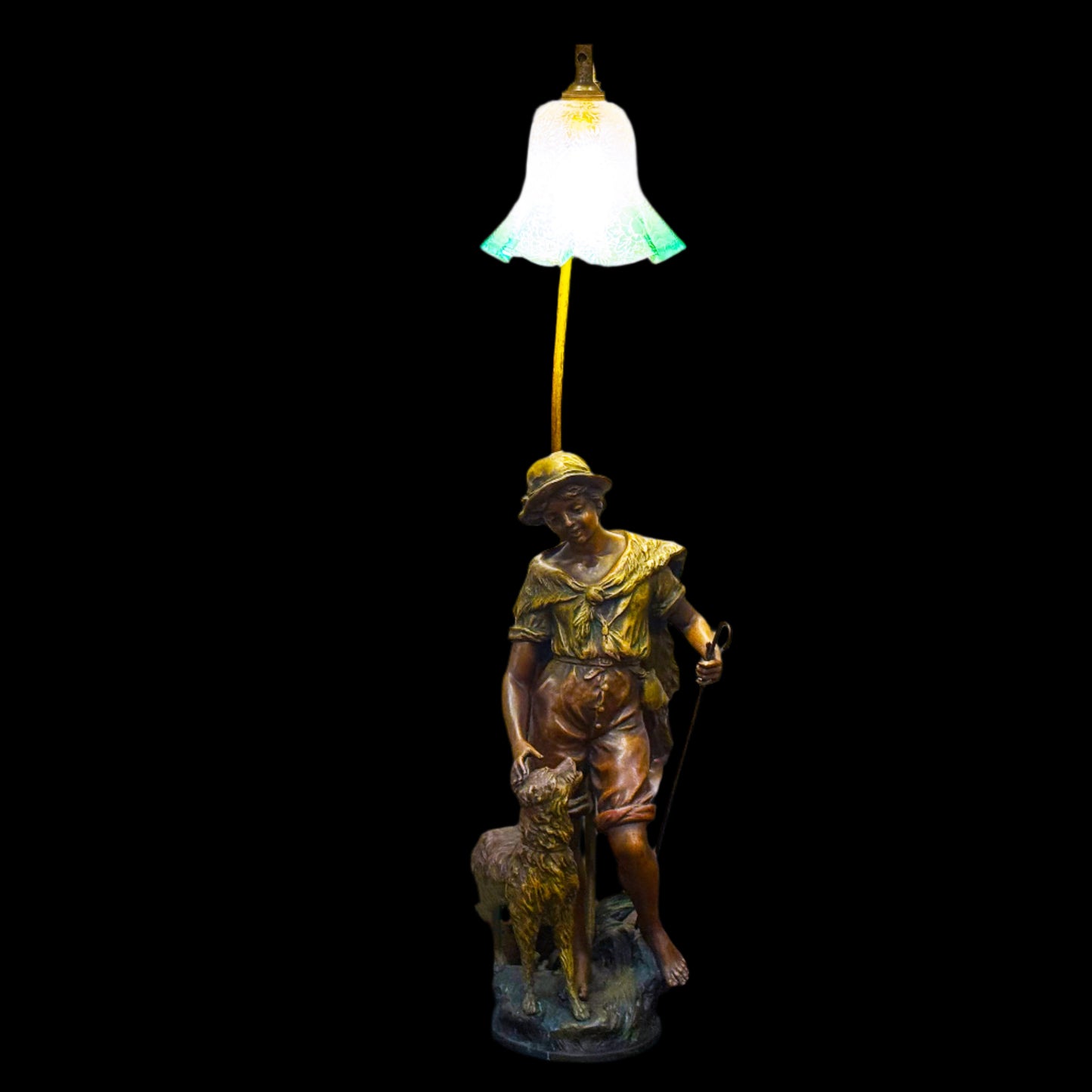 🕯️ Bronze Boy & Dog Lamp with Green Glass Shade 🐕🌿