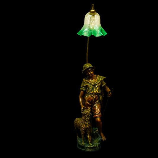 🕯️ Bronze Boy & Dog Lamp with Green Glass Shade 🐕🌿