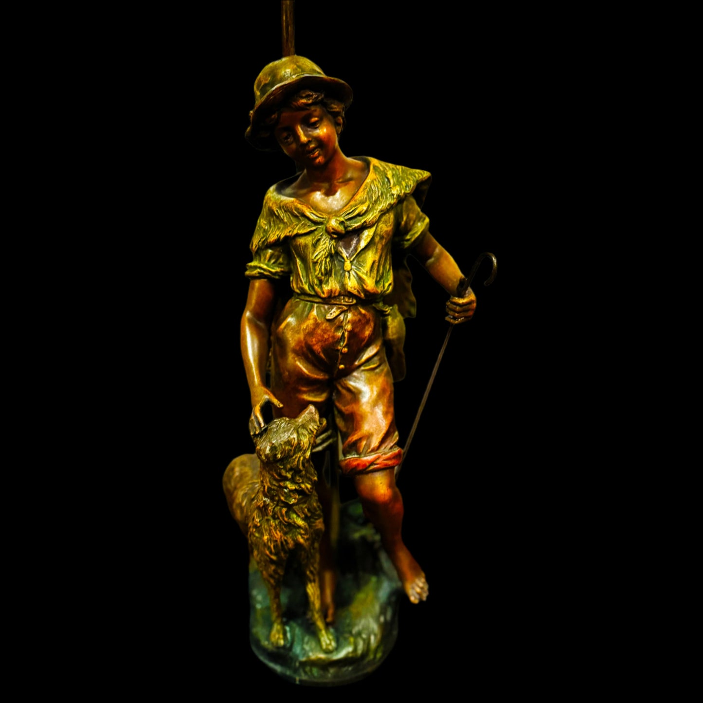 🕯️ Bronze Boy & Dog Lamp with Green Glass Shade 🐕🌿