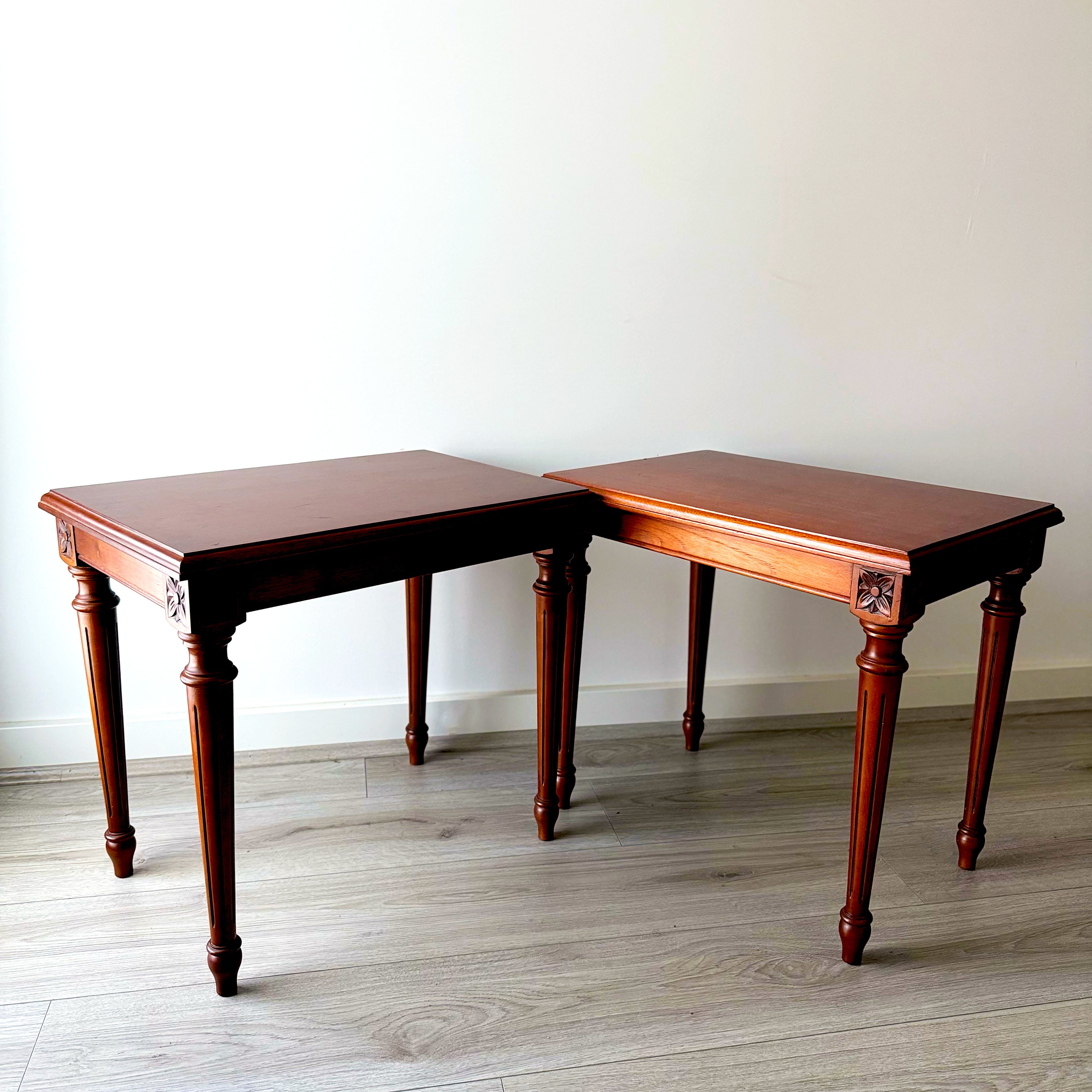 Vintage Mahogany Side Tables – Carved Floral Detail
