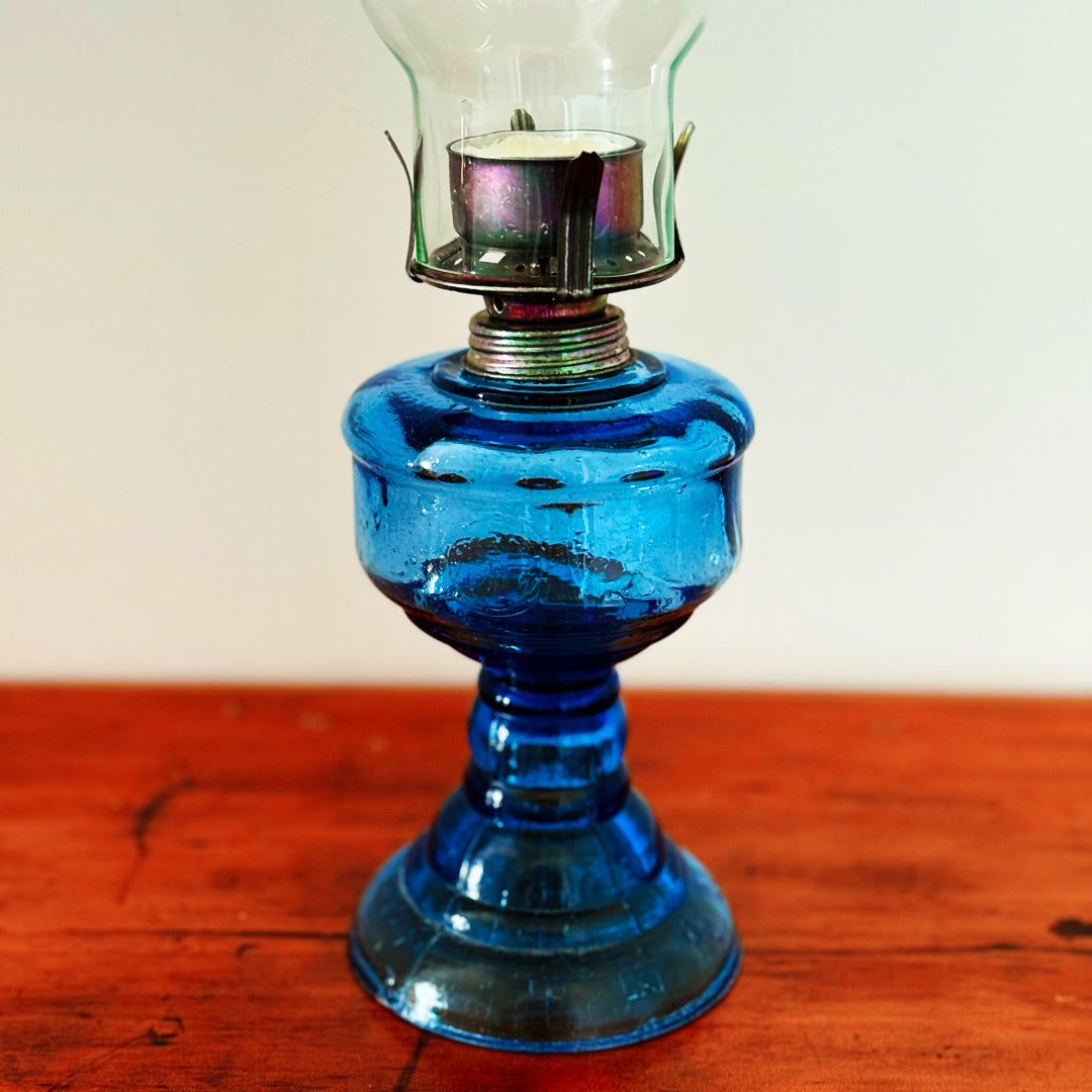 🕯️ Antique-Inspired Blue Glass Oil Lamp
