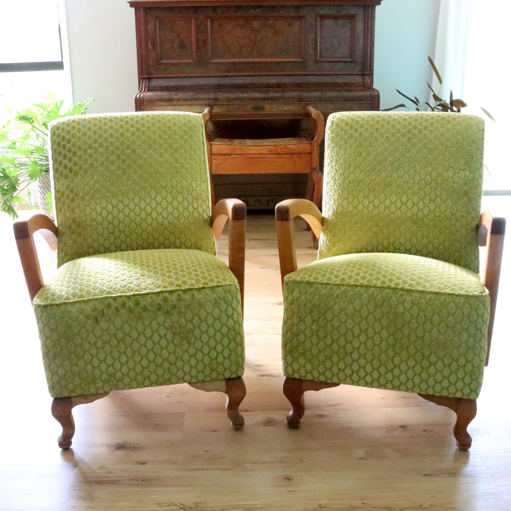 After Photo: Club chairs Luxe and Humble fully restored the timber work on, sourced the fabric for and reupholstered. 