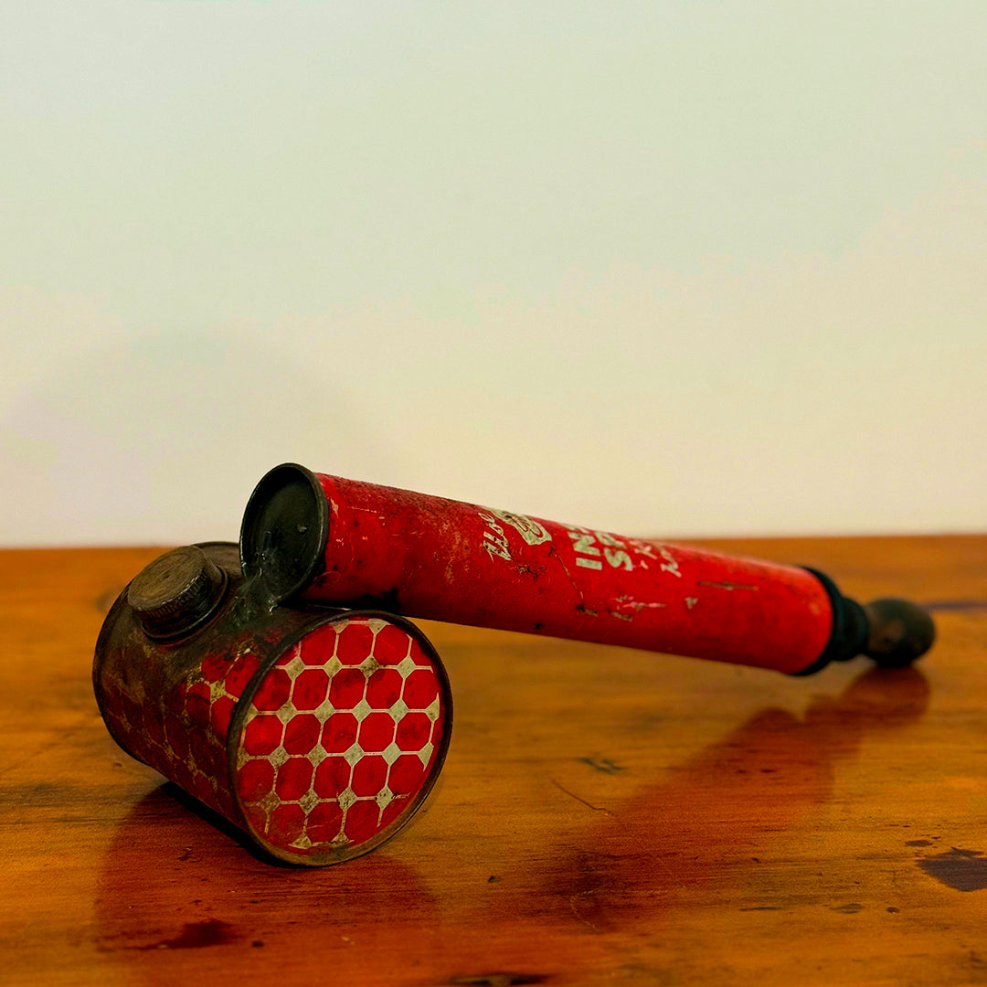 A close-up of a vintage red insect spray can, labeled "Embassy Insect Spray" with the words "Kills Household Pests" in white. The can shows signs of wear with a rustic, weathered look, and is placed on a wooden surface.
