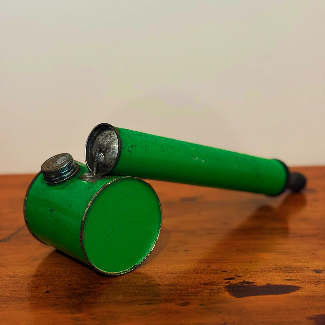 Vintage green insect spray hand pump with a shiny metal cap, displayed on a wooden surface, showcasing its smooth green finish and retro design.