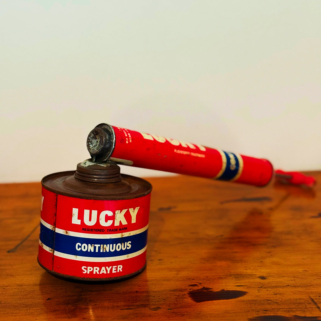 Vintage Lucky Sprayer with a red and blue design, showcasing a hand pump insecticide dispenser on a wooden surface.