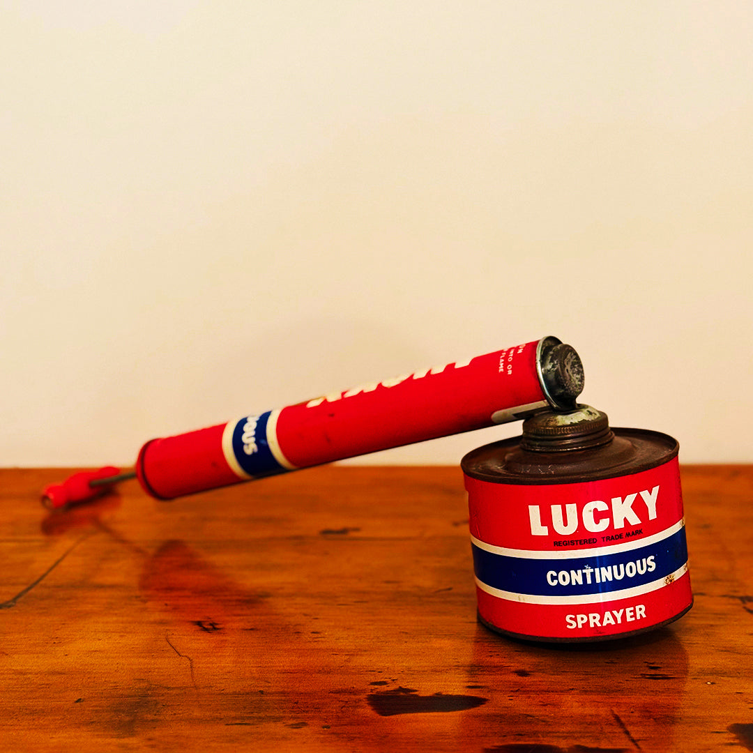 Vintage Lucky Sprayer with a red and blue design, showcasing a hand pump insecticide dispenser on a wooden surface.