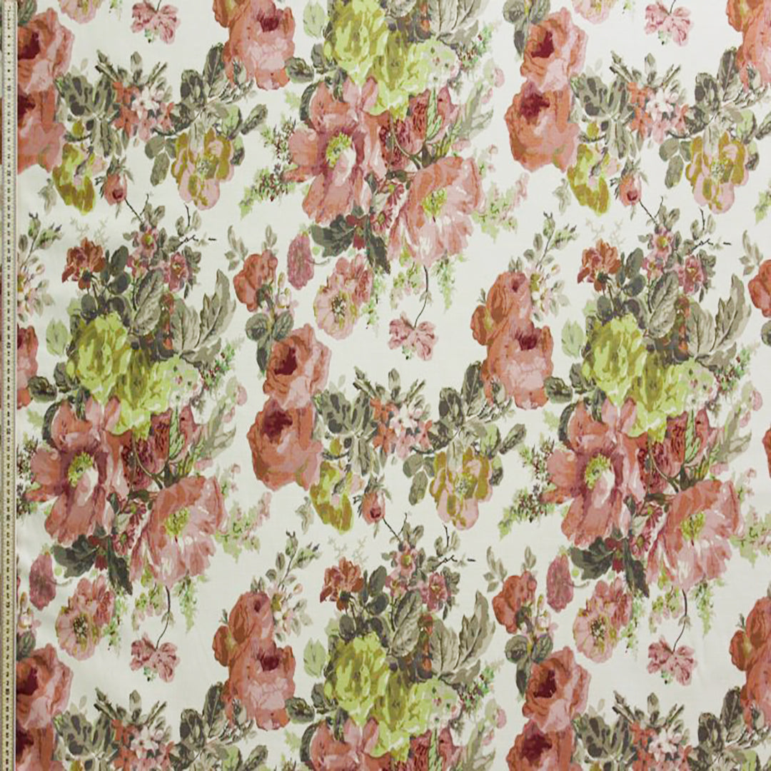Floral patterned fabric with pink and green flowers on a white background