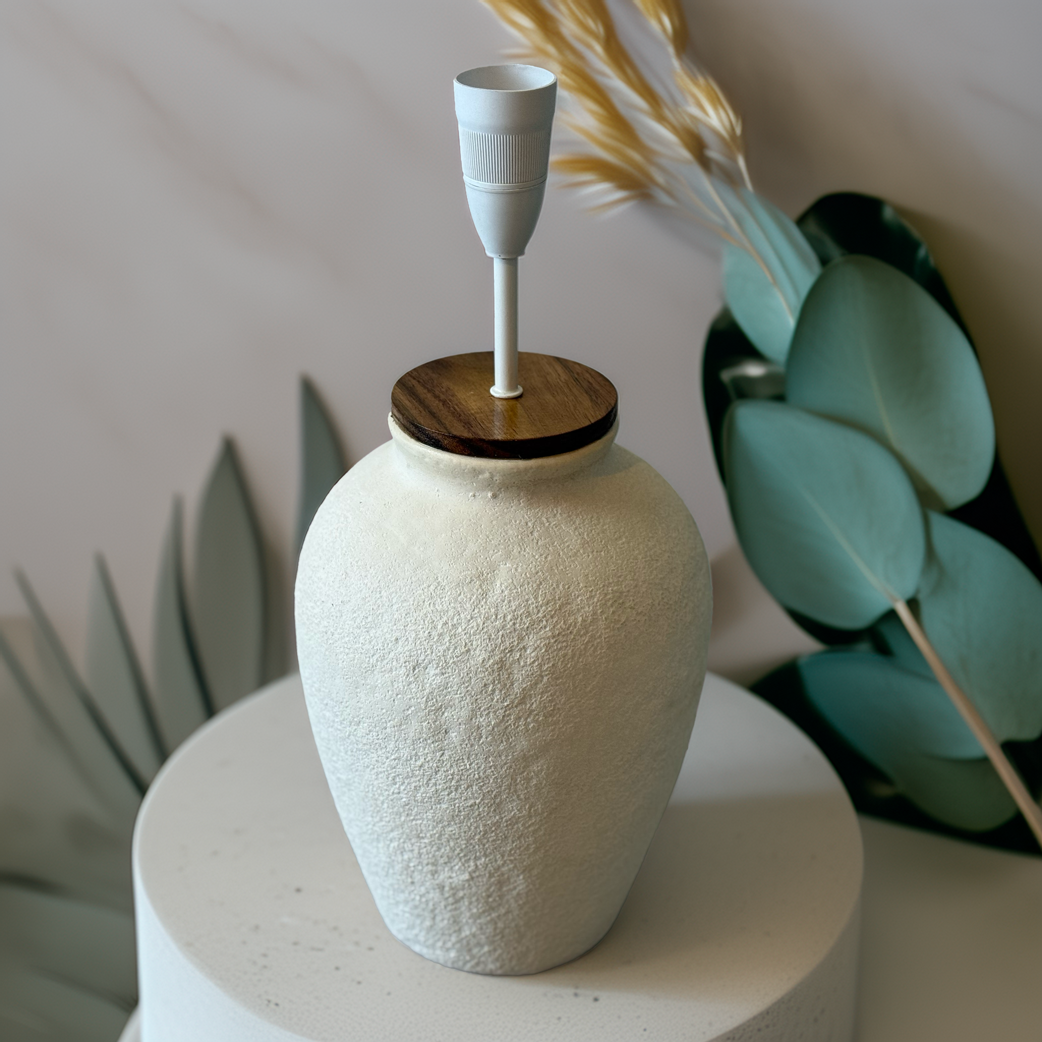 Exclusive Luxe Haven Lamp Base by B.Bailey Design Co., handcrafted in Australia with textured ceramic body, timber accent, Wabi Sabi style.