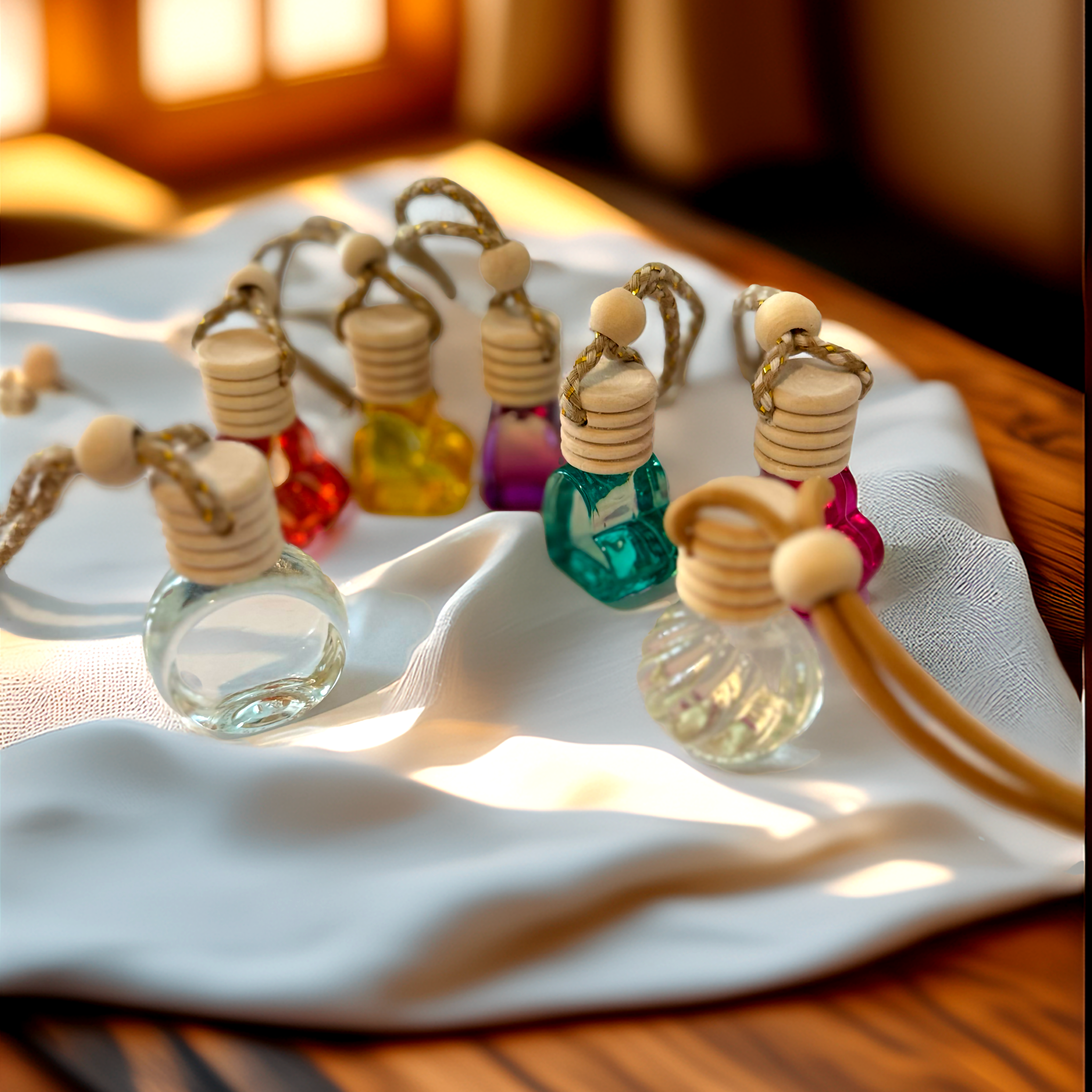 A collection of Luxe & Humble car diffusers in assorted styles and colours, including Yellow Heart Moscato Sangria, Purple Heart Bubblegum Grape, Green Heart Sun Washed Linen, Red Heart Coconut Cream, Pink Heart Coconut Mango, Aroma Bloom Bottle Montego Bay, and Essence Orb Rose, displayed with rustic rope detail.
