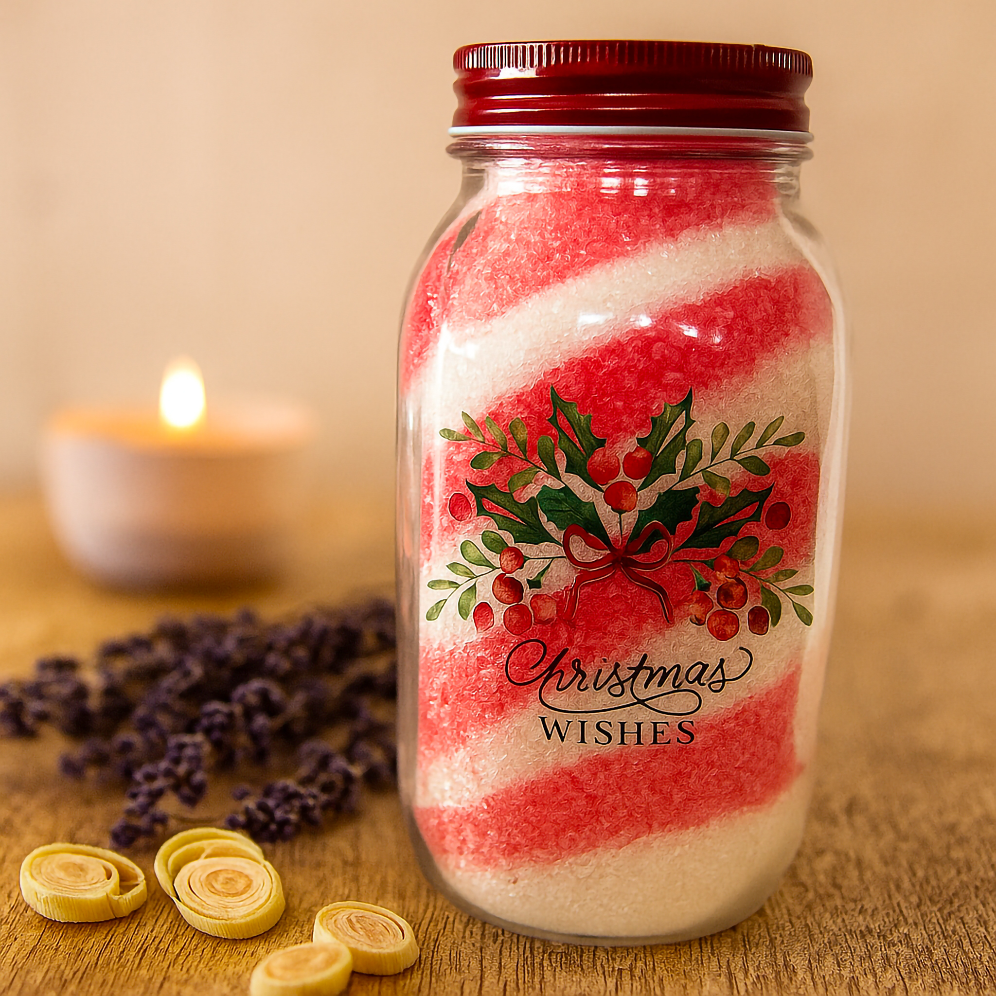 “Luxe & Humble Christmas Wishes Bath Salt – handcrafted Australian festive soak with rose and geranium essential oils, layered red and white mineral salts.”