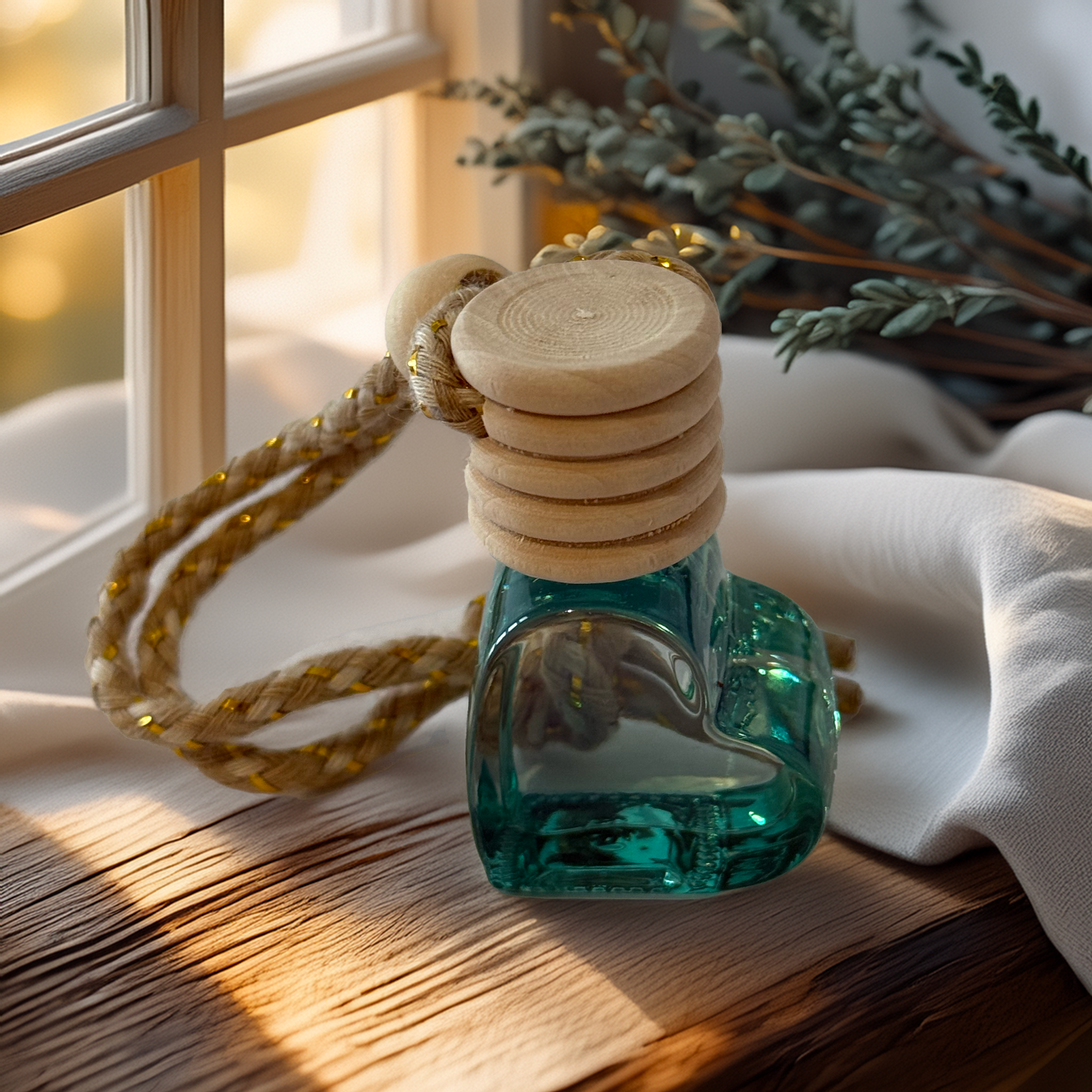 Green heart-shaped glass car diffuser with rustic rope detail, filled with Sun Washed Linen fragrance by Luxe & Humble, styled in natural light.