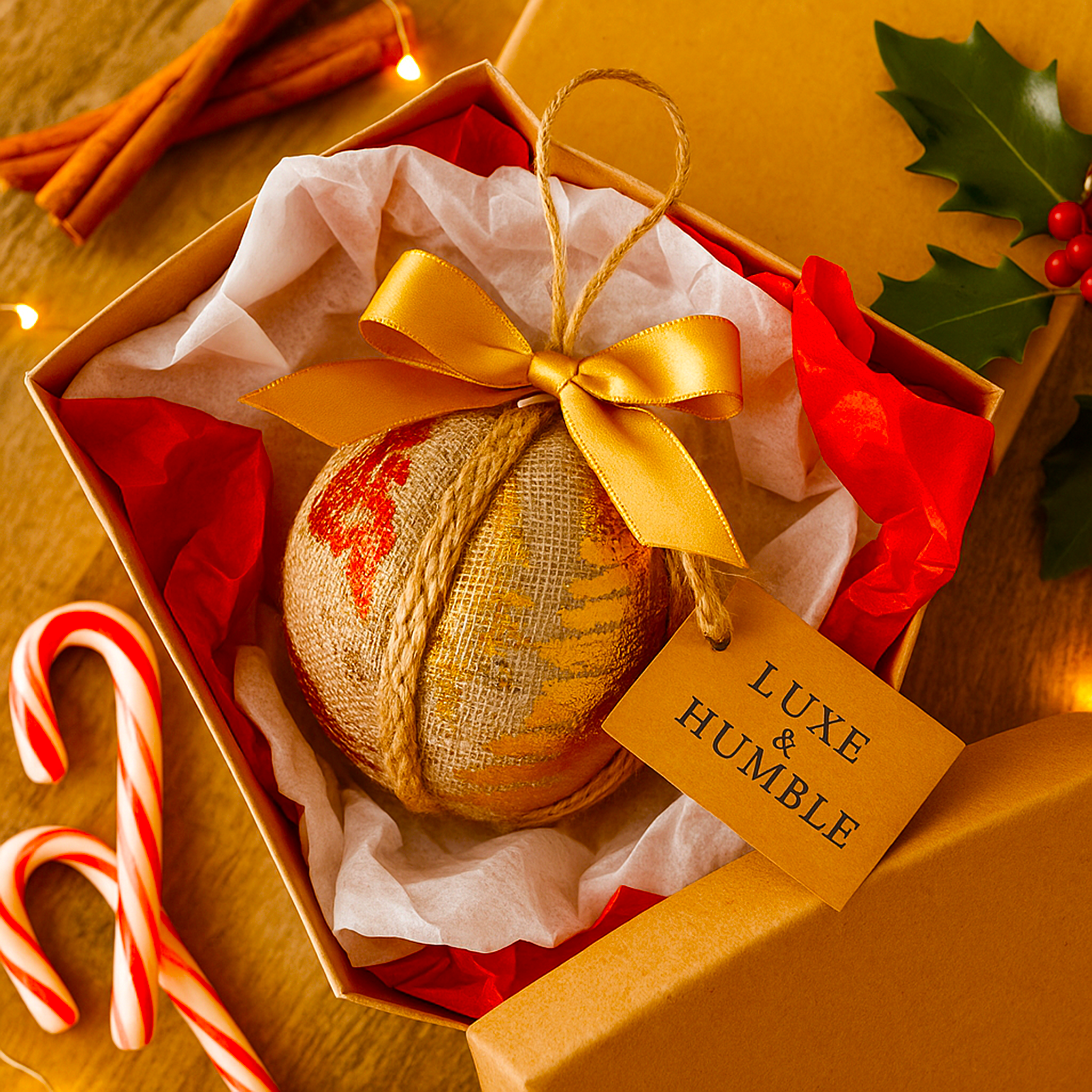 Handmade Luxe & Humble rustic Christmas bauble crafted in Australia, featuring hessian and red-gold linen fabric with jute twine and gold satin bow, presented in a festive gift box beside candy canes and cinnamon sticks.