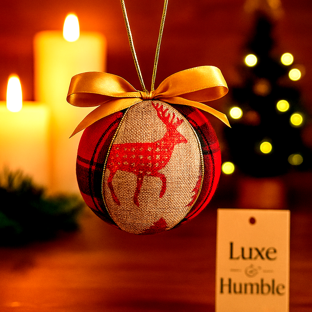 Elegant handmade rustic Christmas bauble by Luxe & Humble Australia, featuring a red reindeer motif on natural linen and tartan fabric with a gold satin bow. Styled beside glowing candles and festive lights for a warm country Christmas atmosphere.