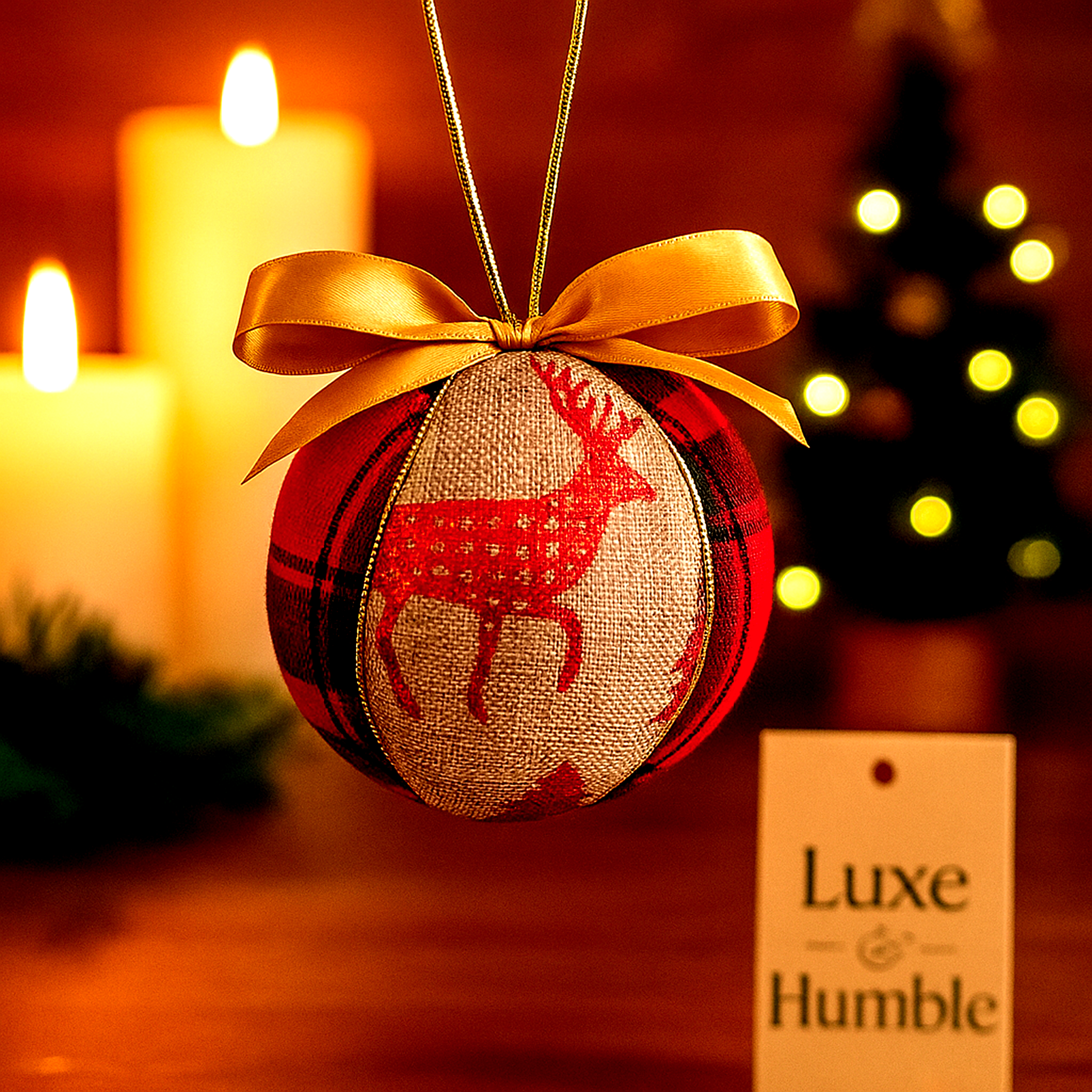 Elegant handmade rustic Christmas bauble by Luxe & Humble Australia, featuring a red reindeer motif on natural linen and tartan fabric with a gold satin bow. Styled beside glowing candles and festive lights for a warm country Christmas atmosphere.