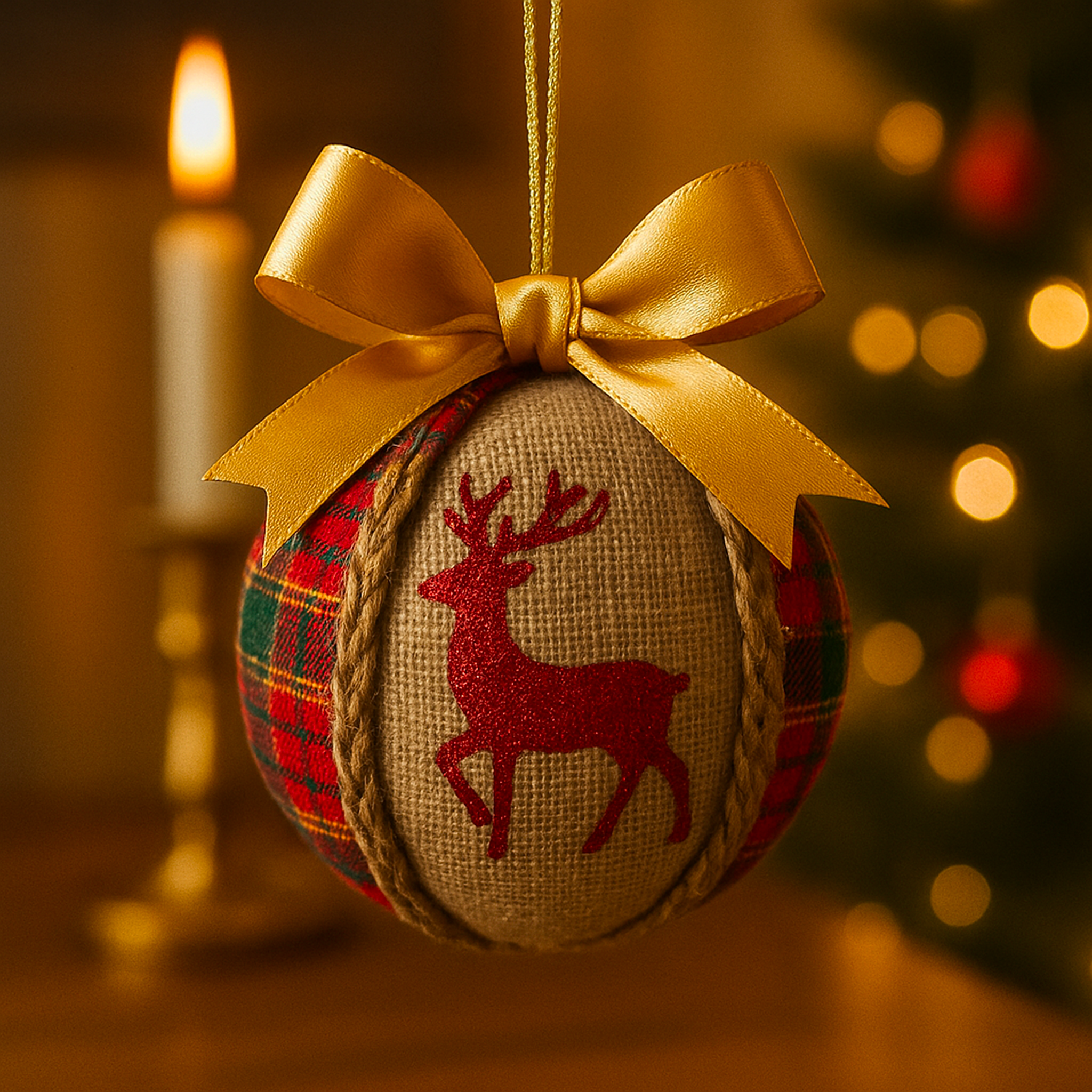 Handmade Luxe & Humble tartan reindeer Christmas bauble featuring hessian and red glitter reindeer detail with gold satin bow, rope trim and warm glow — perfect for Christmas lovers and Australian handmade décor enthusiasts.