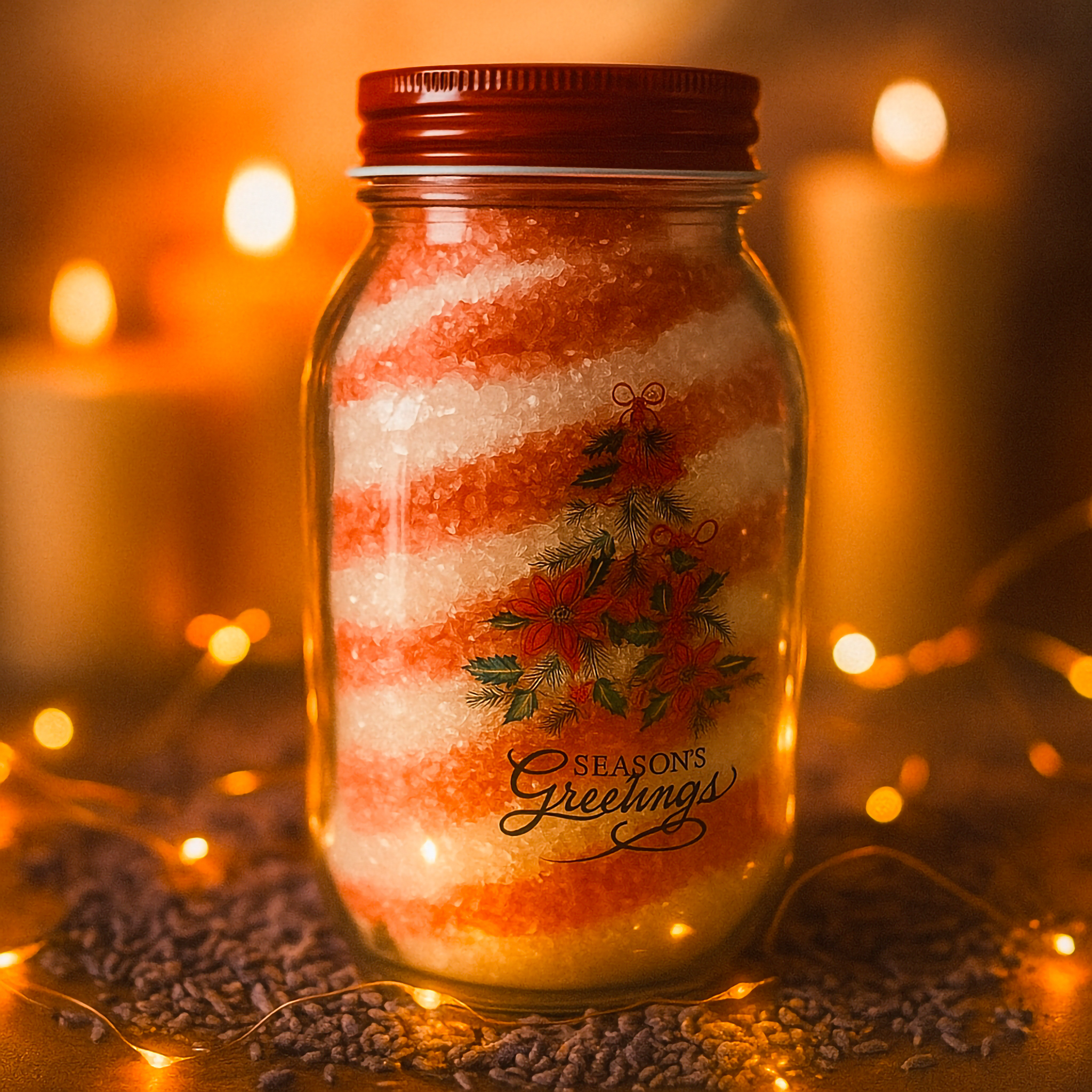 “Luxe & Humble Season’s Greetings Bath Salt – handcrafted Australian festive soak with lavender & lemongrass essential oils, red and white layered design.”