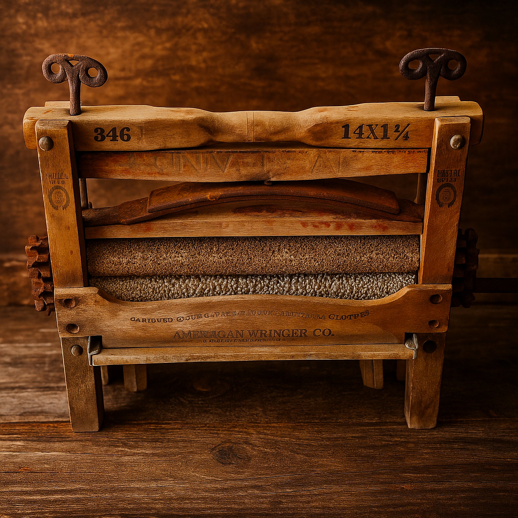 Close-up of an antique wooden clothes wringer by American Wringer Co., featuring iron handles, hand-crank gears, and worn textured rollers. Styled on rustic timber with a warm brown backdrop, this Luxe and Humble piece highlights authentic early laundry tools and vintage craftsmanship.
