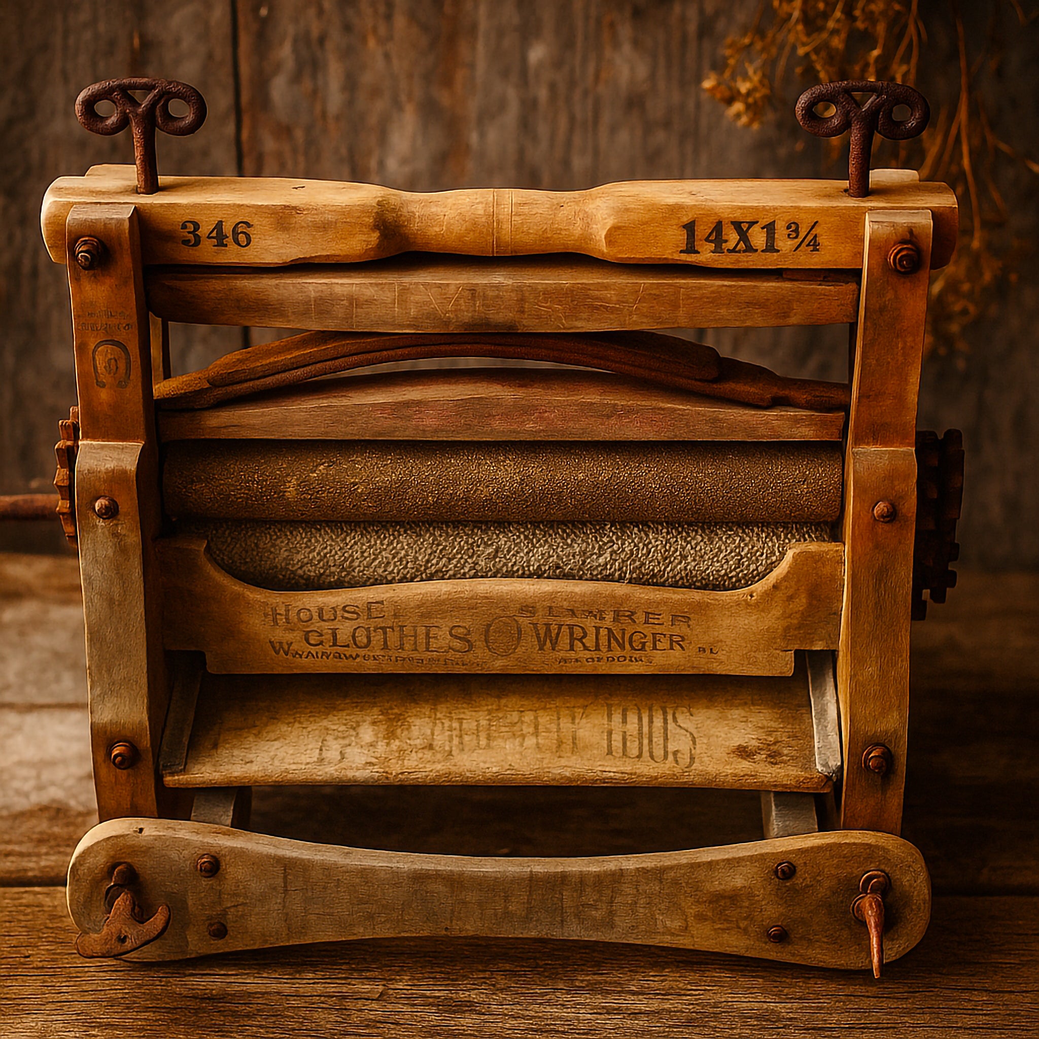 Close-up of an antique wooden clothes wringer with iron fittings, hand-crank handle, and embossed lettering on the wood. Styled against a warm rustic background, this Luxe and Humble collectible highlights early laundry craftsmanship and serves as a unique heritage décor accent.