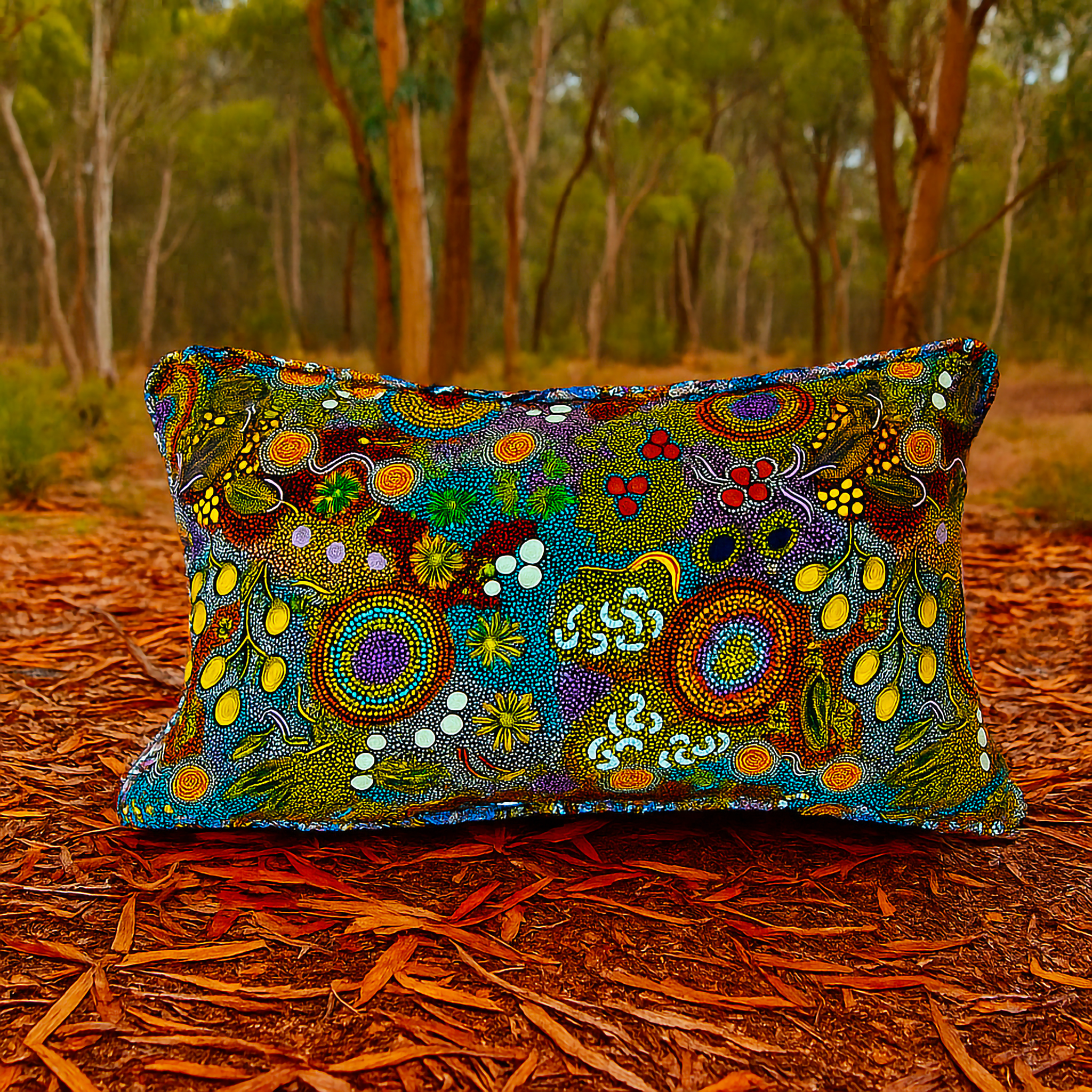 Rectangular cushion featuring ‘Budgerigar Dreaming’ dot artwork by celebrated Indigenous artist Balarinji Julianne Turner Nungarri. The design showcases vivid circular and organic patterns in green, yellow, red, purple, and blue tones. Styled outdoors on native bushland ground with eucalyptus leaves, this Luxe and Humble décor piece brings authentic Aboriginal storytelling and cultural artistry into modern Australian homes.