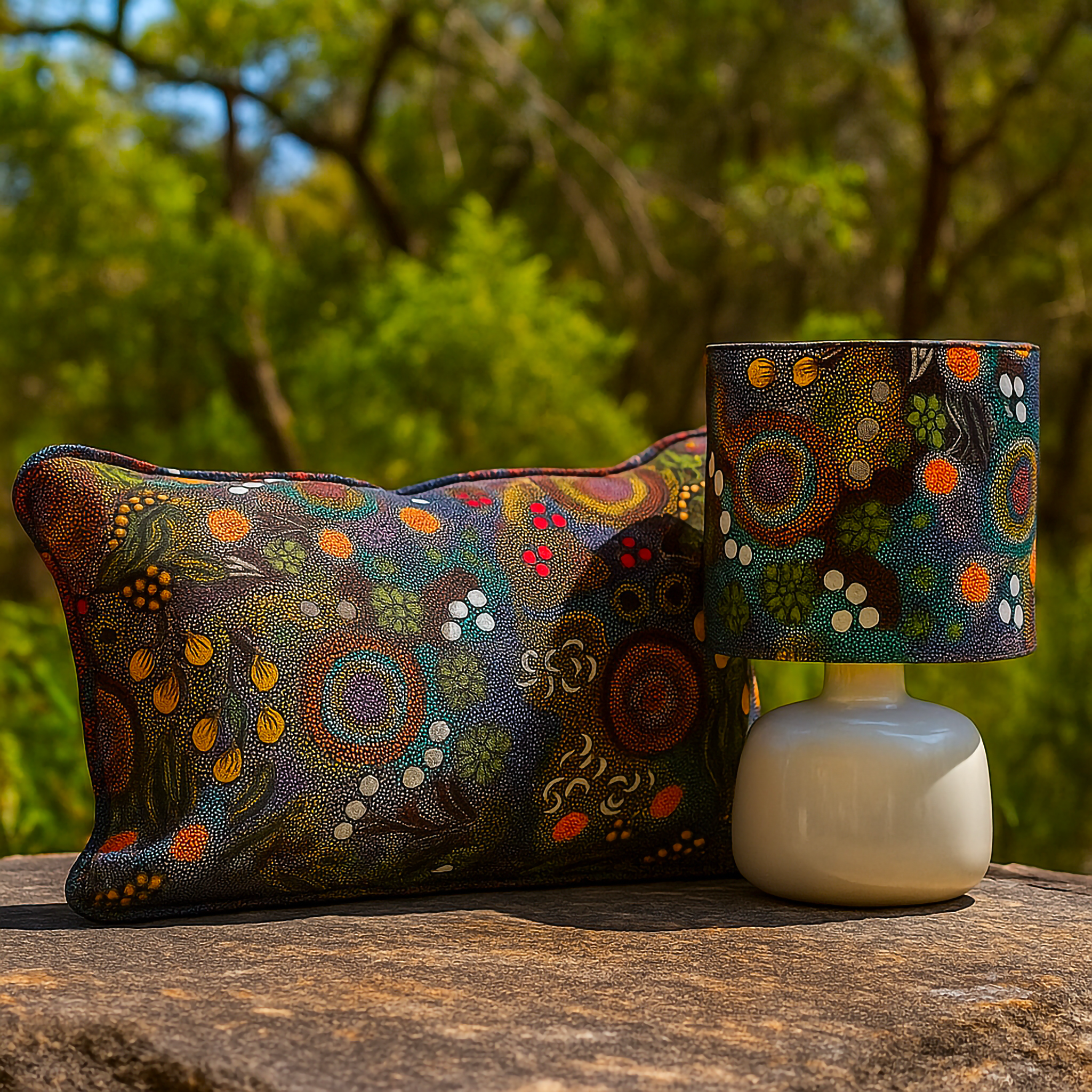 Rectangular cushion and matching lampshade featuring ‘Budgerigar Dreaming’ dot artwork by celebrated Indigenous artist Balarinji Julianne Turner Nungarri. The design blends earthy greens, oranges, whites, and rich tones, styled outdoors on stone with a native Australian bushland backdrop. Luxe and Humble décor set that brings authentic Aboriginal storytelling and cultural artistry into modern homes.