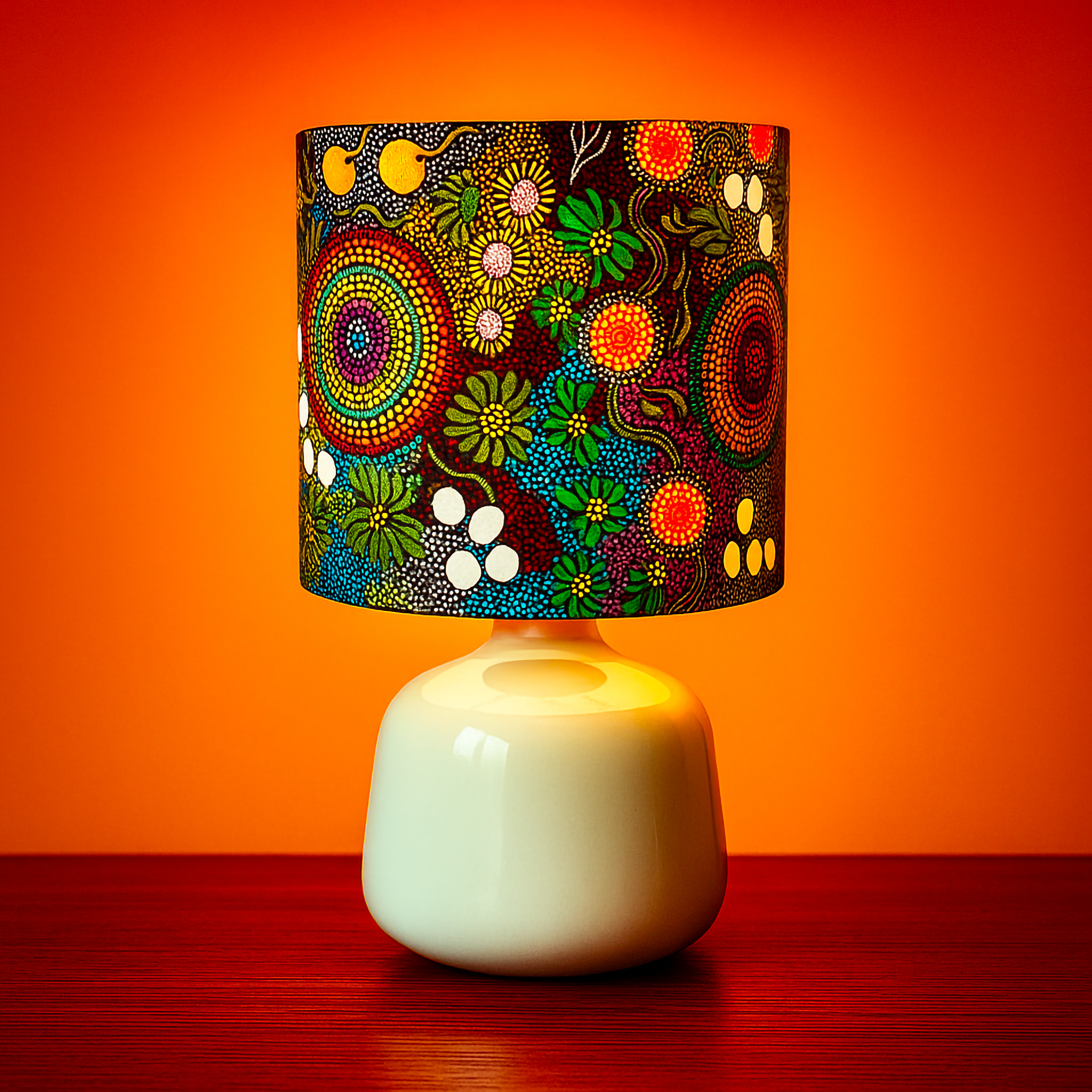 Table lamp featuring the ‘Budgerigar Dreaming’ design by celebrated Indigenous artist Balarinji Julianne Turner Nungarri. The vibrant dot painting lampshade displays circular motifs, flowers, and organic forms in bright reds, greens, yellows, and whites, set on a smooth white ceramic base against a glowing orange backdrop. Luxe and Humble décor piece showcasing authentic Aboriginal artistry in modern lighting design.