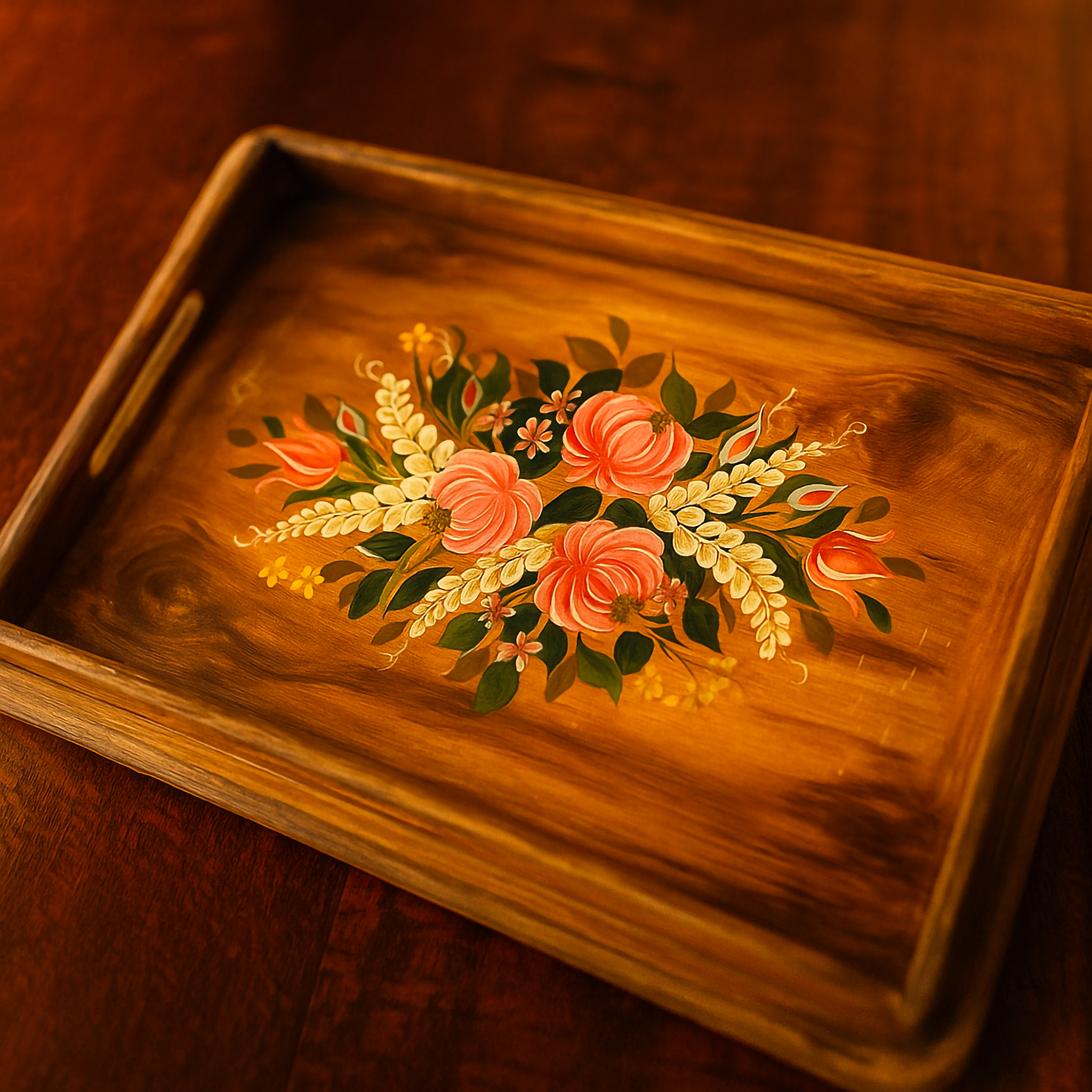 Rectangular wooden tray featuring hand-painted floral artwork with pink roses, orange buds, and golden wheat motifs on a polished timber surface. This Luxe and Humble piece blends functional design with artisanal craftsmanship, ideal as a vintage-inspired home décor accent or serving tray.