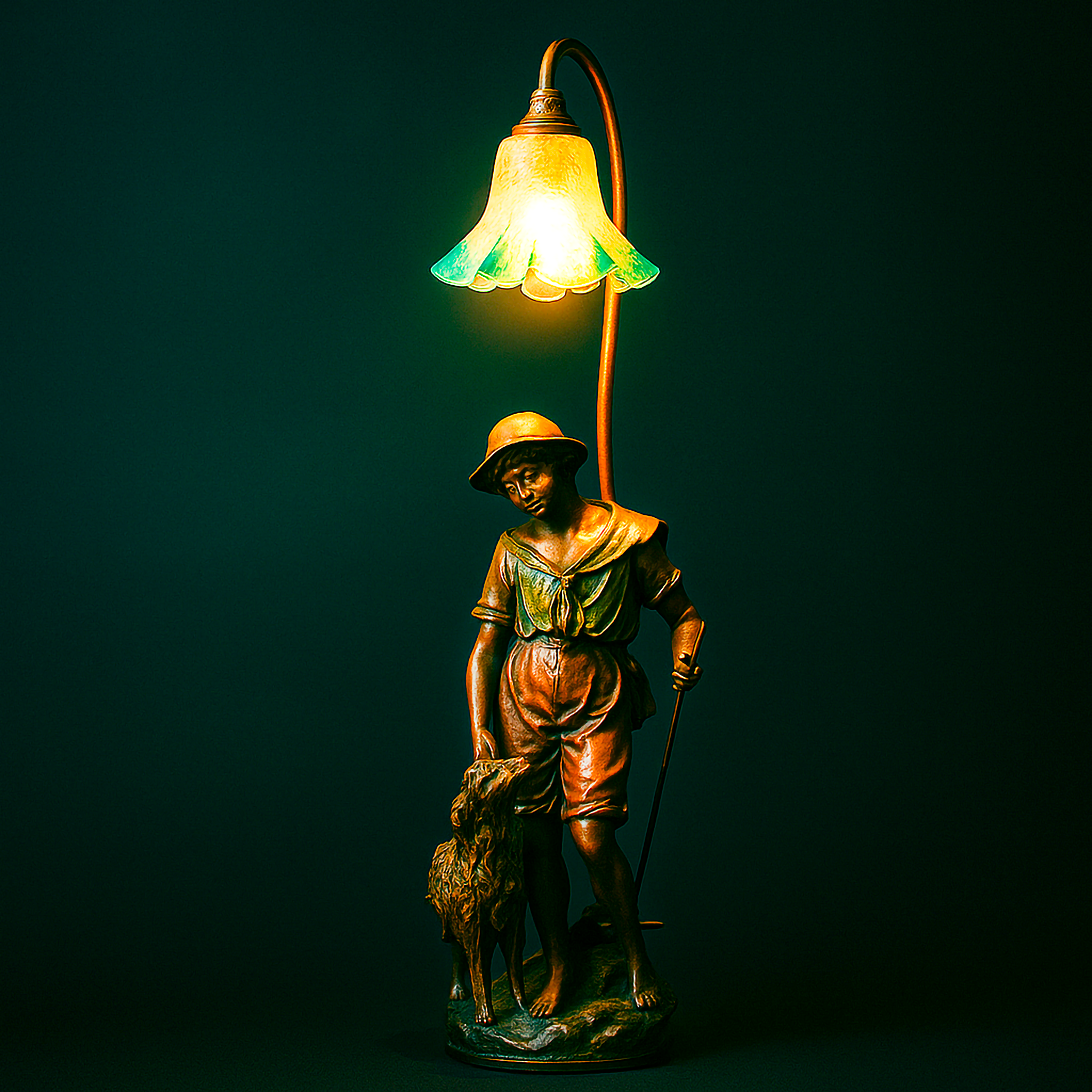 Antique-style table lamp with a sculpted shepherd and dog figure base in bronze tones, paired with a glowing green and yellow glass flower shade. Styled against a dark green background, this Luxe and Humble décor piece blends artistry, heritage, and warm lighting for a statement home accent.v