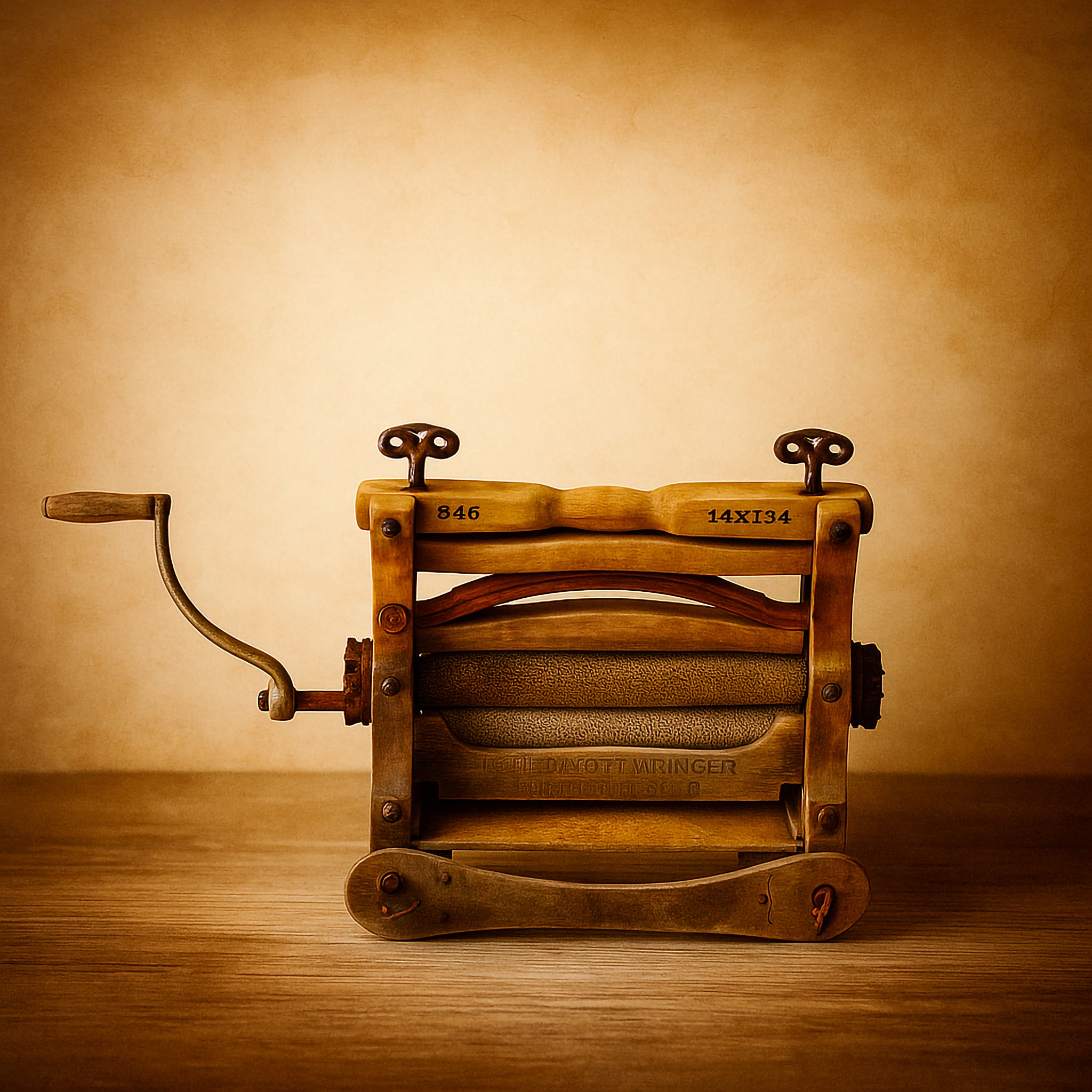 Antique wooden hand-crank clothes wringer with metal rollers and side handle, styled on rustic timber against a neutral wall. This Luxe and Humble collectible showcases heritage laundry craftsmanship, blending functional design with timeless vintage character for Australian home décor.