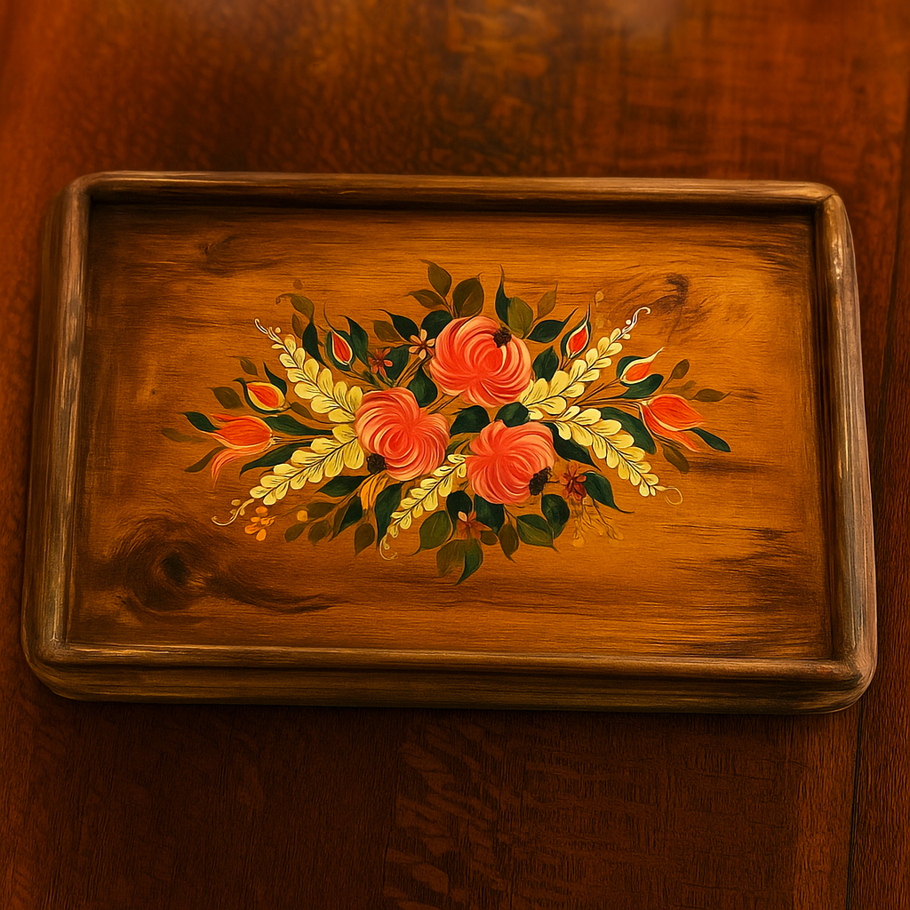 Angled view of a polished wooden serving tray featuring hand-painted floral artwork with coral pink roses, golden wheat, and green leaves. Styled on a rich timber surface, this Luxe and Humble décor piece combines practical use with artisanal craftsmanship, perfect as a vintage-inspired home accent.